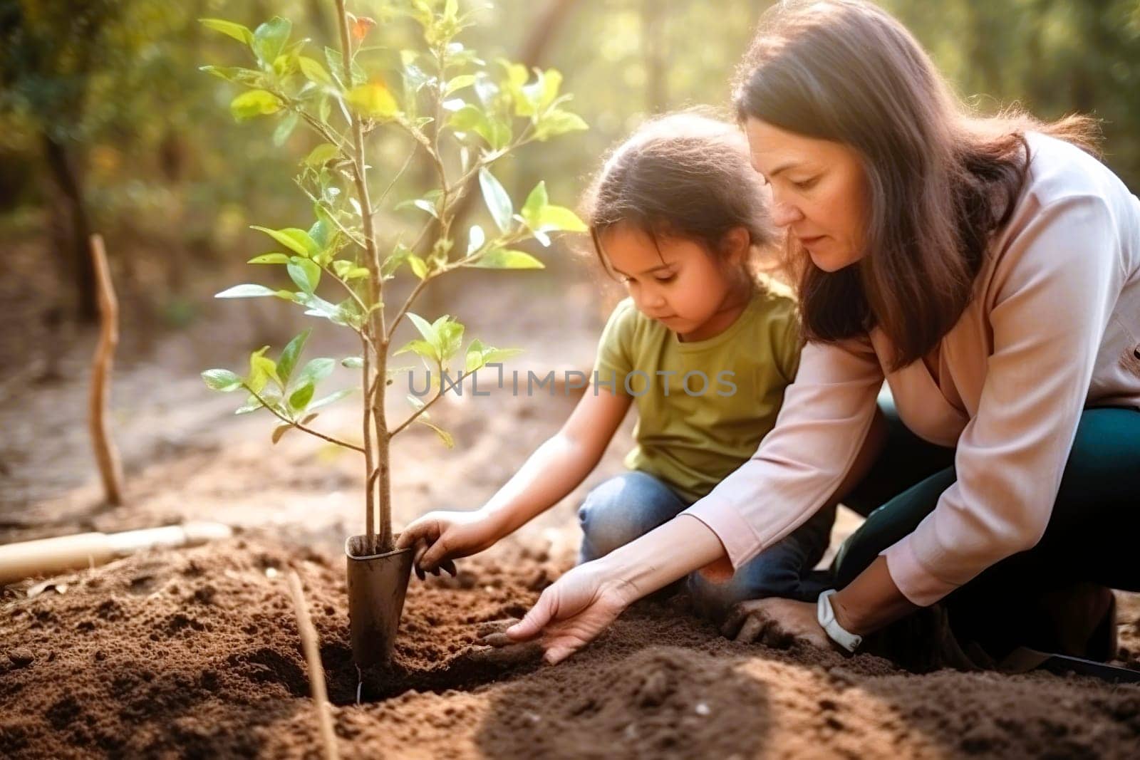 In a beautiful outdoor setting, a woman and a child are joyfully planting a young tree in the rich, nutritious dirt of the earth