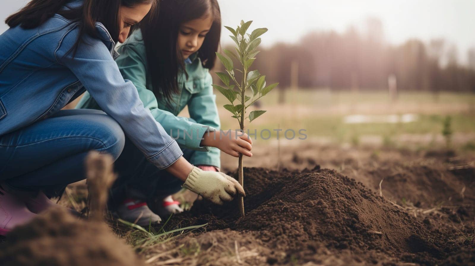 In a beautiful outdoor setting, a woman and a child are joyfully planting a young tree in the rich, nutritious dirt of the earth