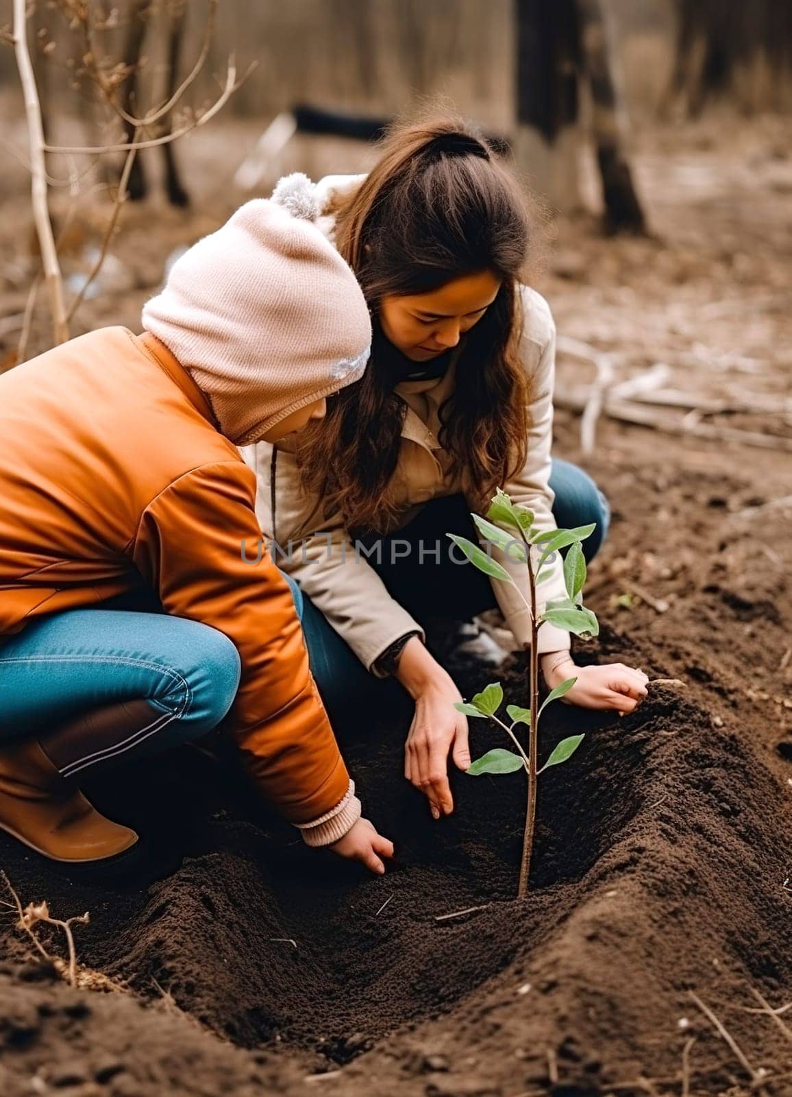 In a beautiful outdoor setting, a woman and a child are joyfully planting a young tree in the rich, nutritious dirt of the earth