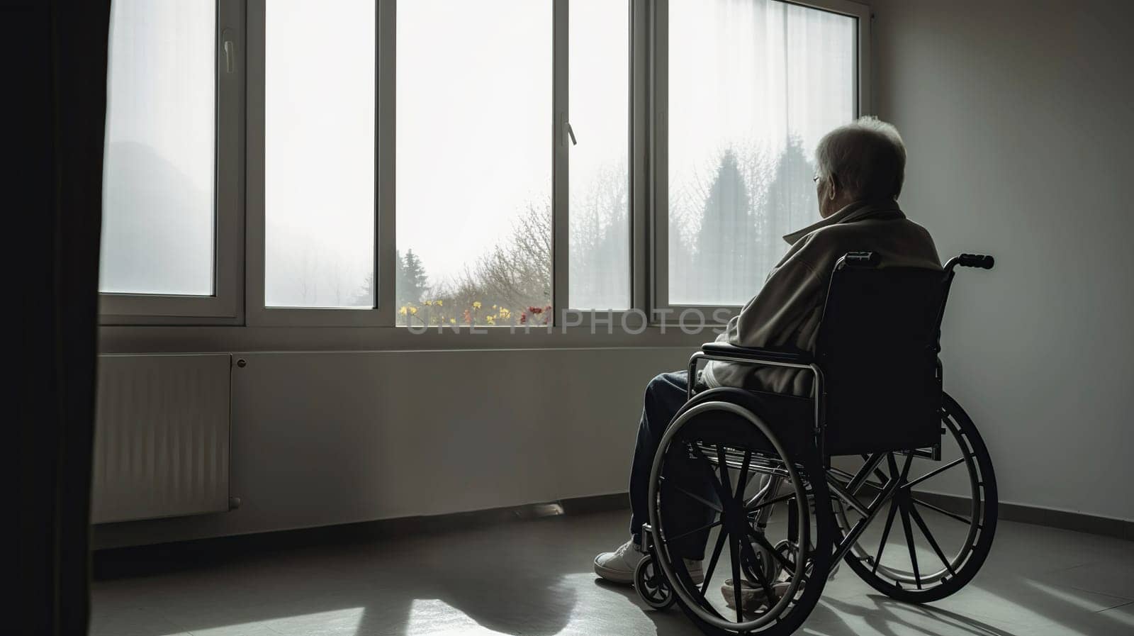 A man in a wheelchair gazes thoughtfully out a large window, contemplating his surroundings and the world beyond the glass