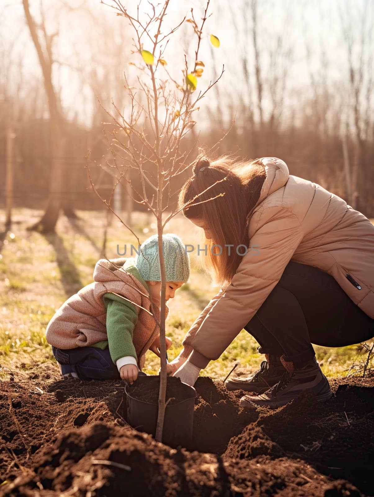 In a beautiful outdoor setting, a woman and a child are joyfully planting a young tree in the rich, nutritious dirt of the earth