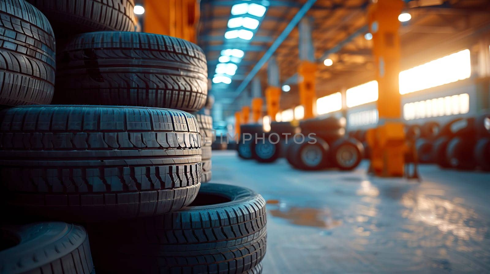 A sizable collection of tires is carefully stacked one on top of another in an organized manner, showcasing their unique shapes and textures