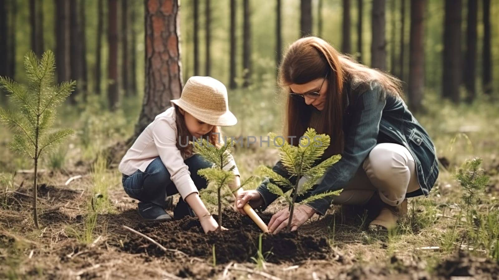 In a beautiful outdoor setting, a woman and a child are joyfully planting a young tree in the rich, nutritious dirt of the earth