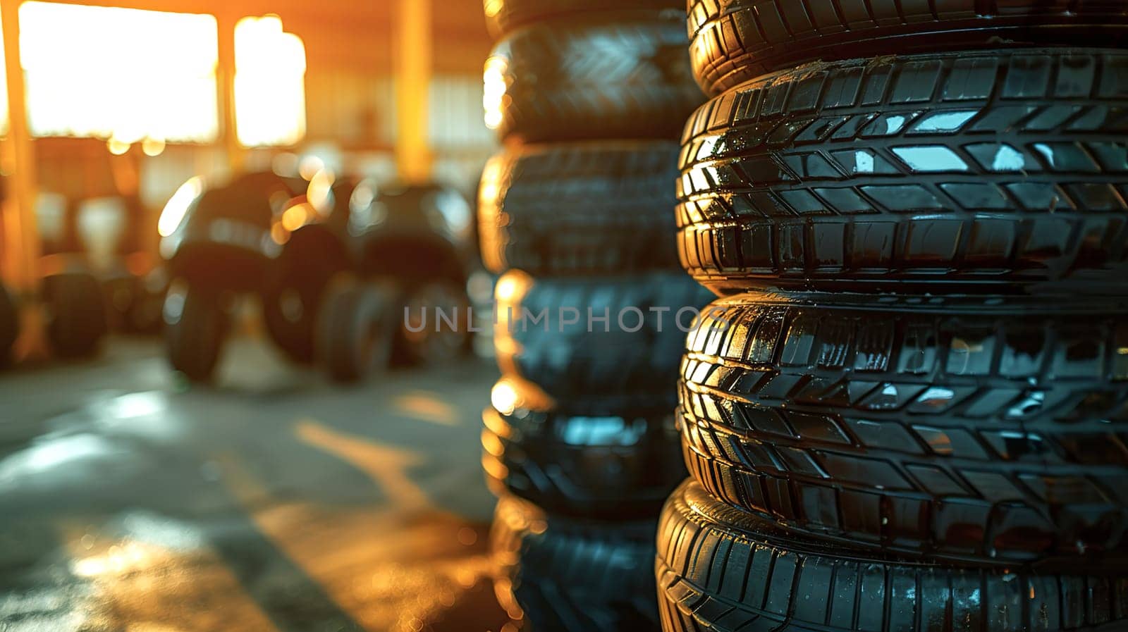 A sizable collection of tires is carefully stacked one on top of another in an organized manner, showcasing their unique shapes and textures
