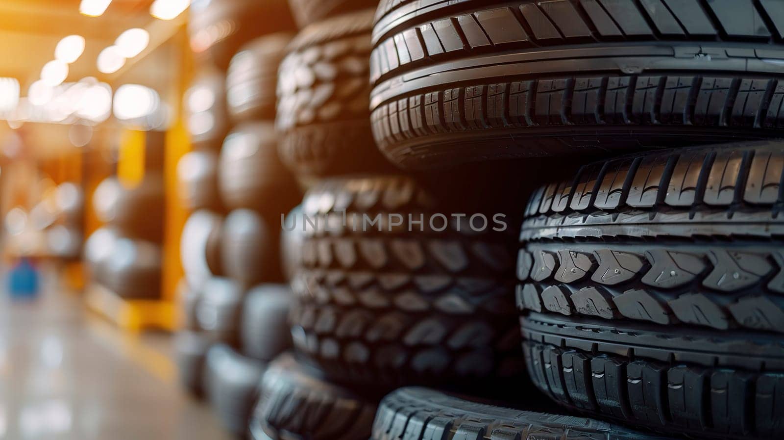 A sizable collection of tires is carefully stacked one on top of another in an organized manner, showcasing their unique shapes and textures