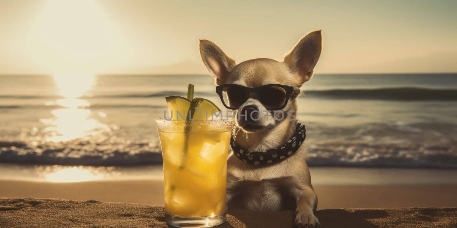 Funny glamorous dog with a cocktail on the beach. Portrait of a chihuahua who is resting during his vacation on the beach. High quality photo