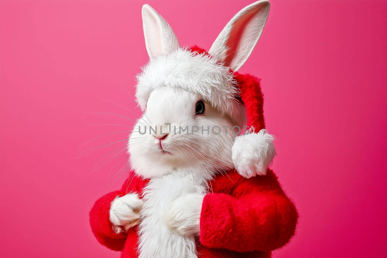 Adorable white rabbit wearing a festive Santa suit, creating a playful holiday theme against a vibrant pink background, evoking feelings of joy and Christmas spirit.