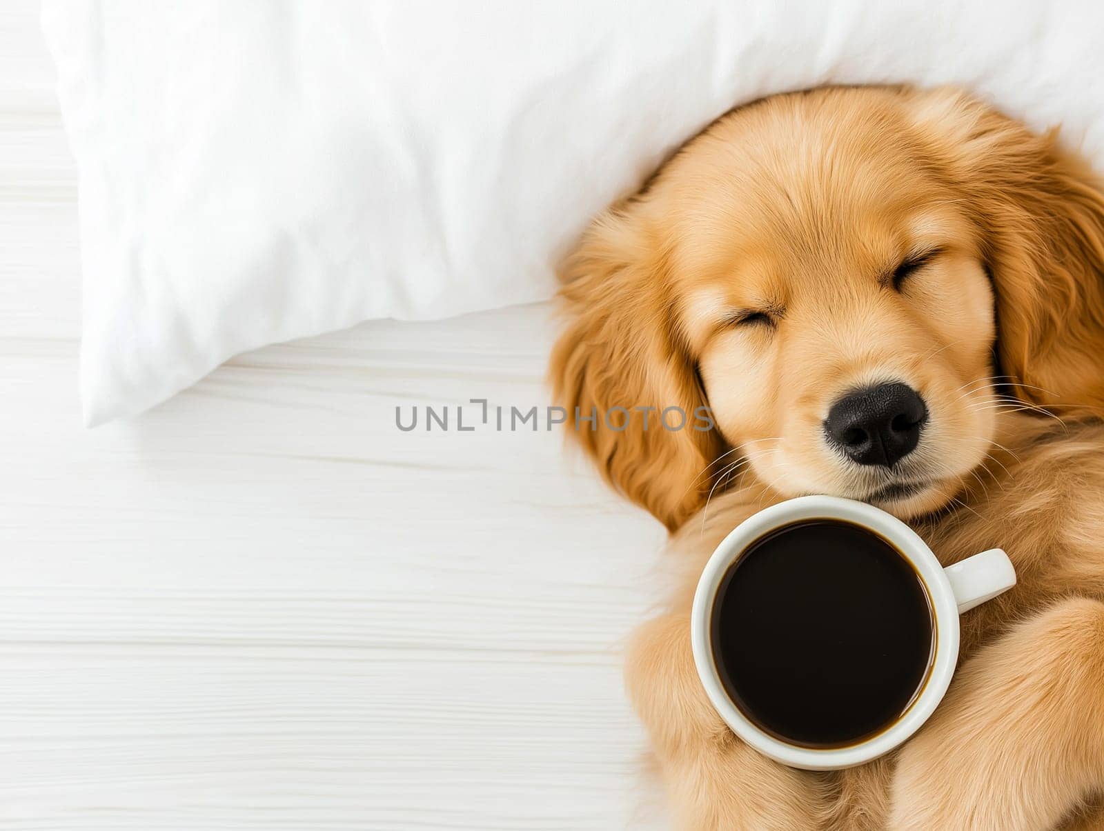 A cute golden retriever puppy naps peacefully with a coffee cup, creating a cozy and adorable scene. Perfect for themes of relaxation, comfort, and pet love.