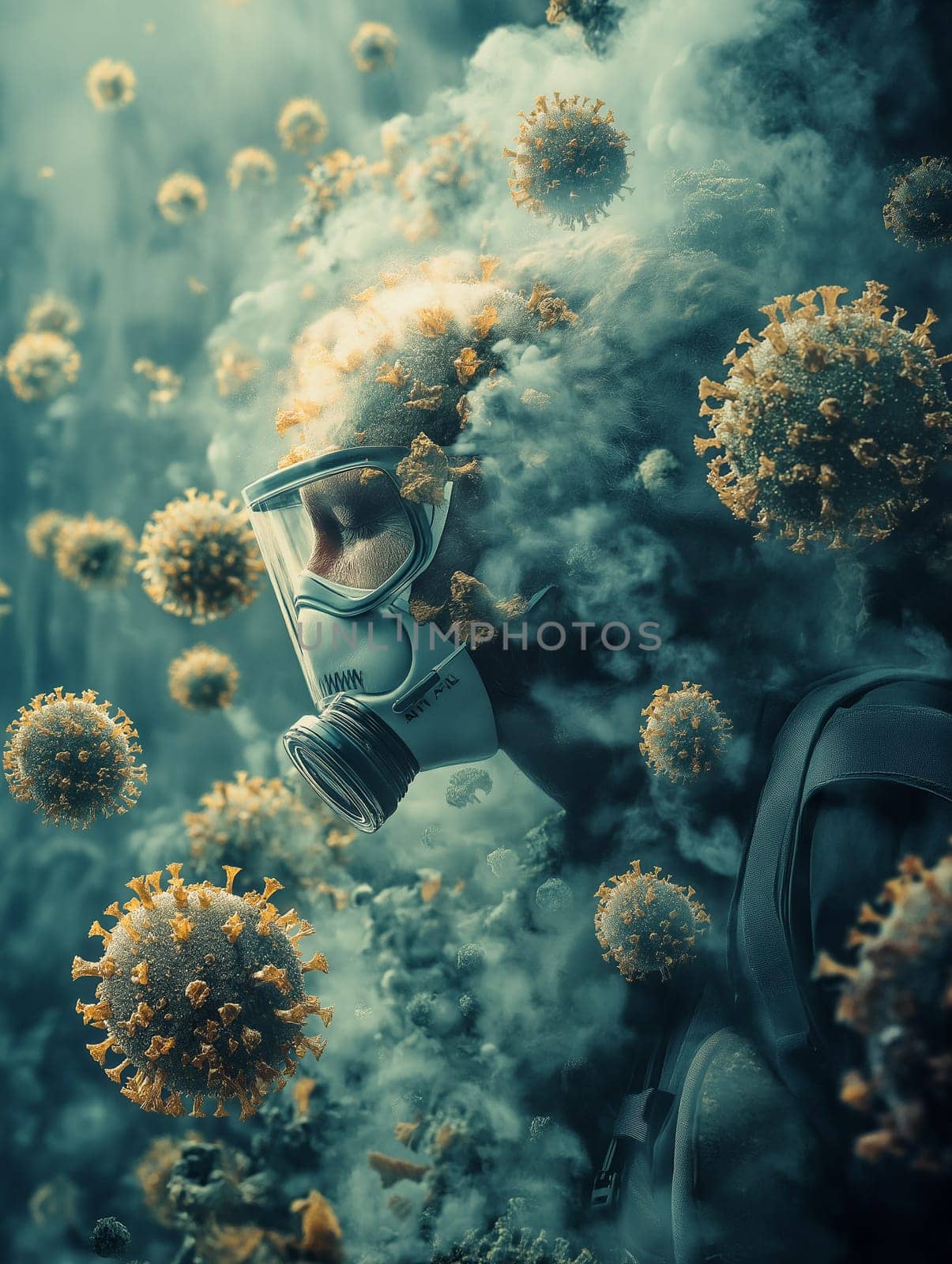 A person wearing a gas mask is enveloped in a cloud of smoke, surrounded by floating virus particles. This surreal image represents the themes of protection, health, and the unseen dangers around us.