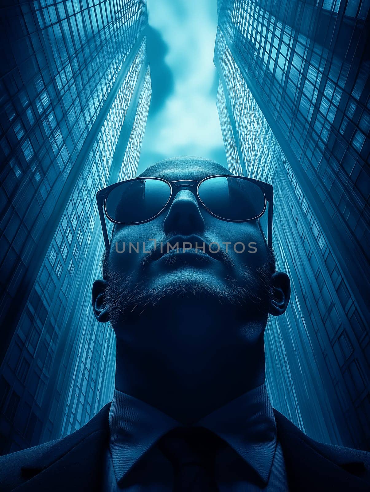 A confident businessman in a suit, viewed from below, gazes upward between two towering skyscrapers. The blue tones create a modern, futuristic urban atmosphere. Perfect for themes of ambition and success.