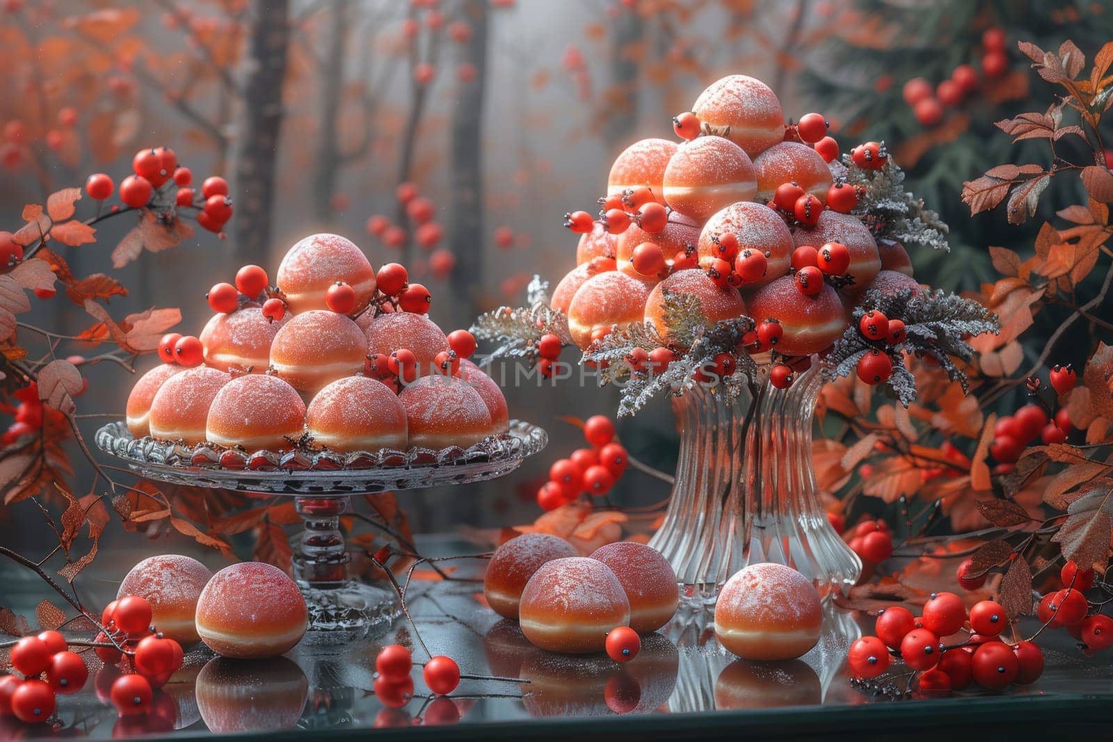 A delightful arrangement of exquisite pastries adorned with fresh berries and colorful leaves, a perfect centerpiece