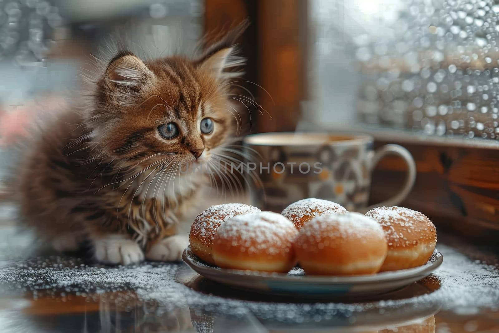 On a cozy rainy day, a playful kitten sweetly gazes at the tempting powdered donuts displayed nearby