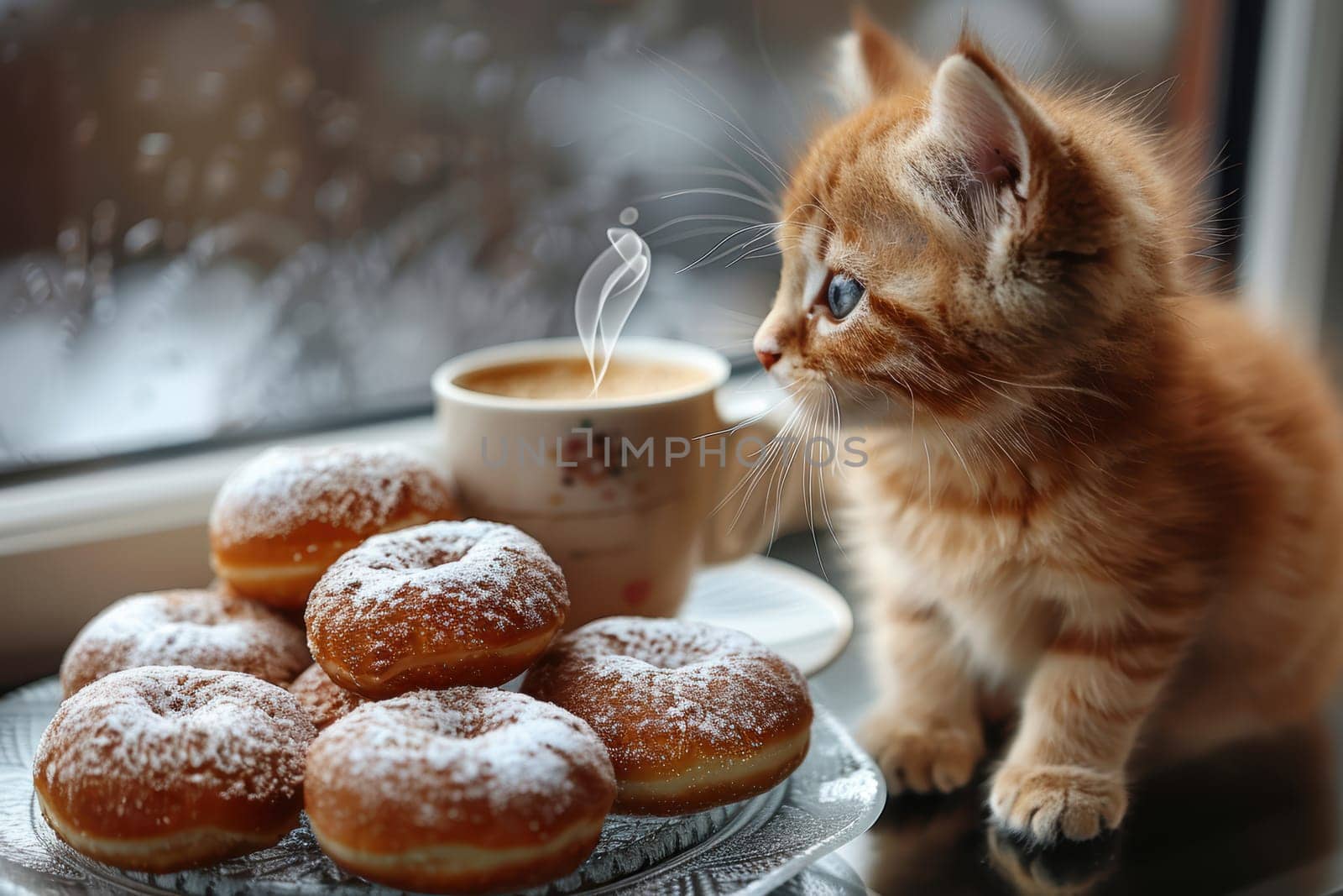 A little fluffy kitten with curiosity gazes at a delicious plate of powdered donuts next to a nice warm cup of coffee