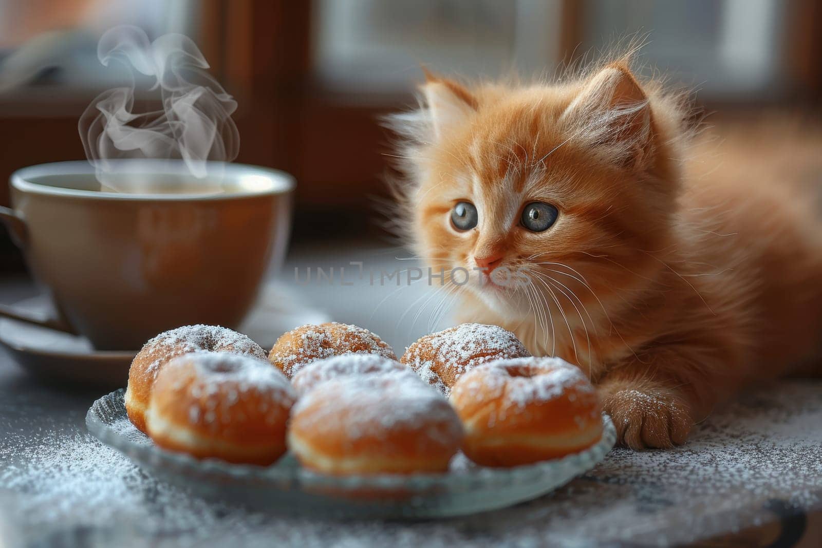 An adorable little orange kitten is curiously gazing at a plate of delicious donuts beside a steaming cup of coffee,