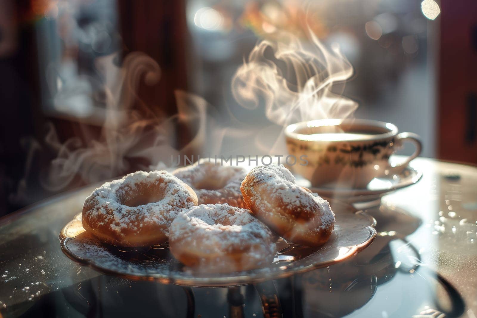 Indulge in warm donuts generously dusted with sugar, perfectly complemented by steaming hot coffee in a cozy setting