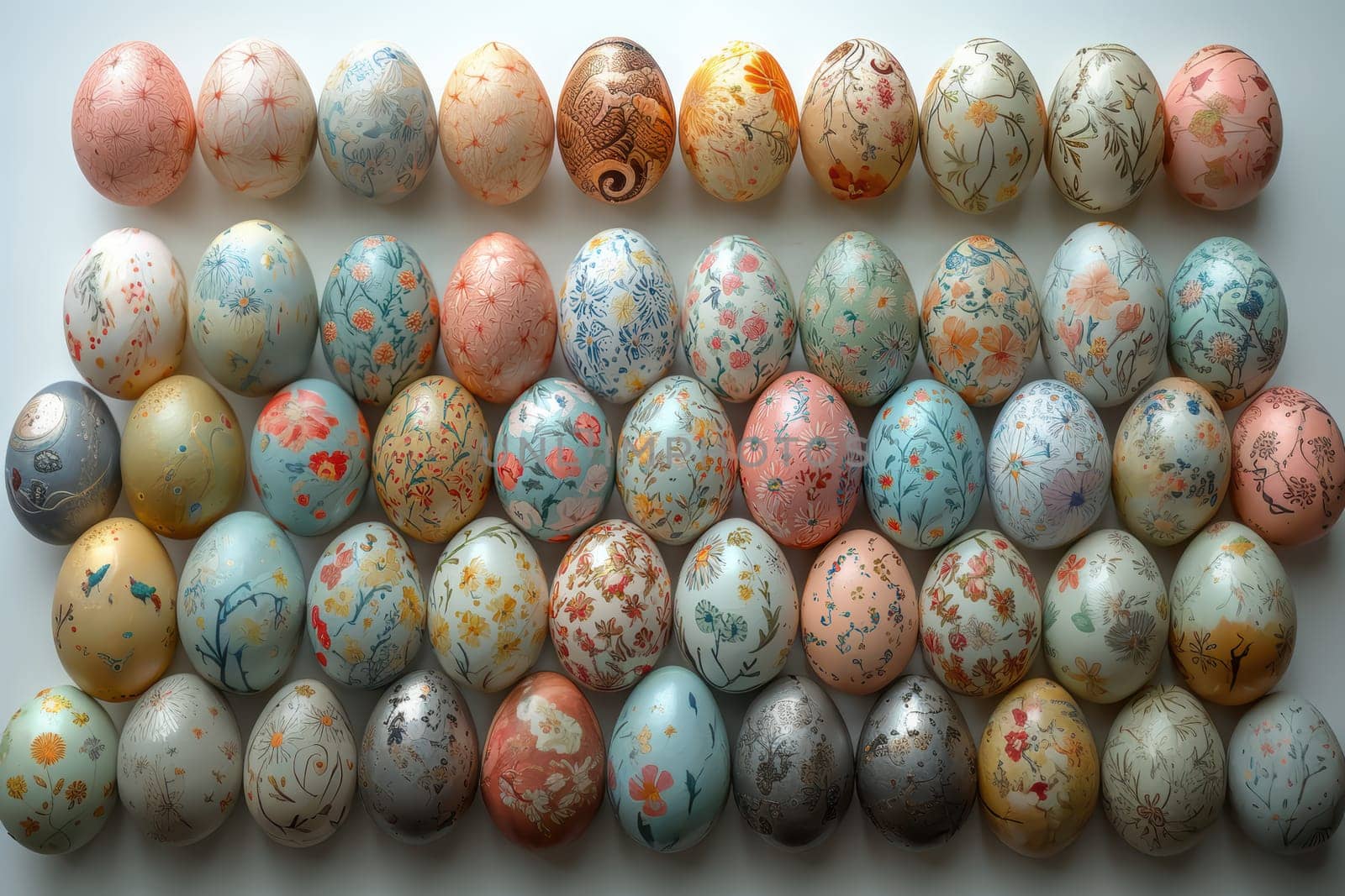 A vibrant and colorful array of beautifully decorated eggs that are perfect for Easter or springtime festivities