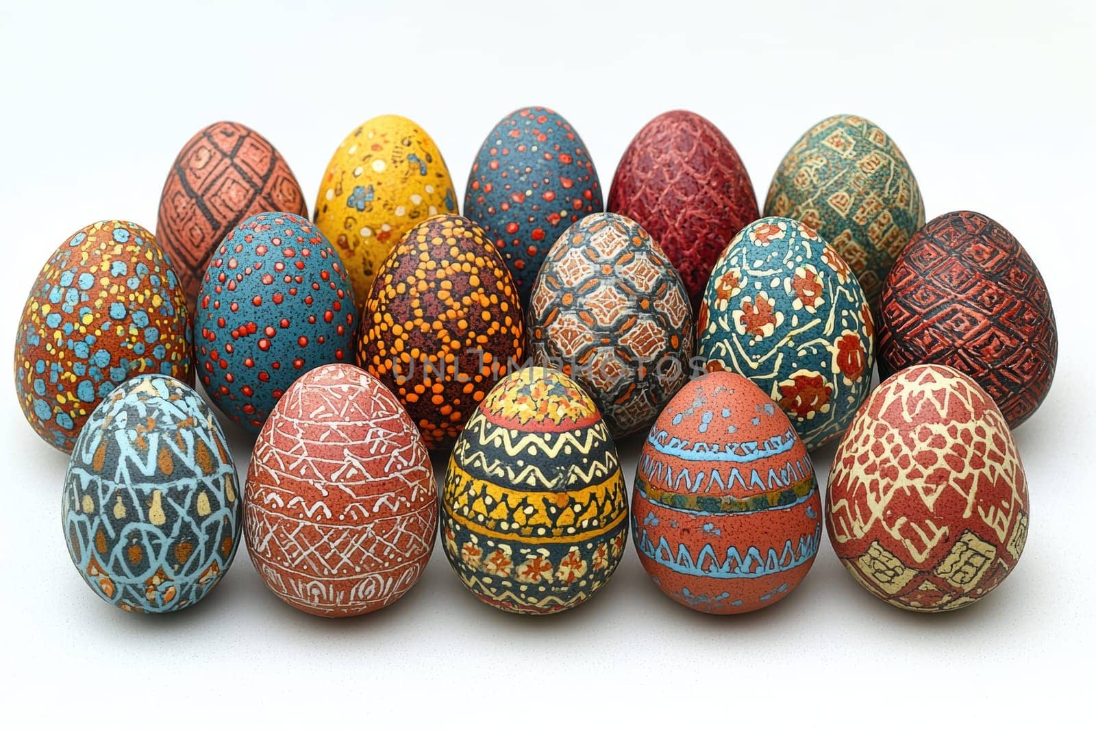 A vibrant collection of intricately decorated Easter eggs that beautifully showcase a variety of artistic designs