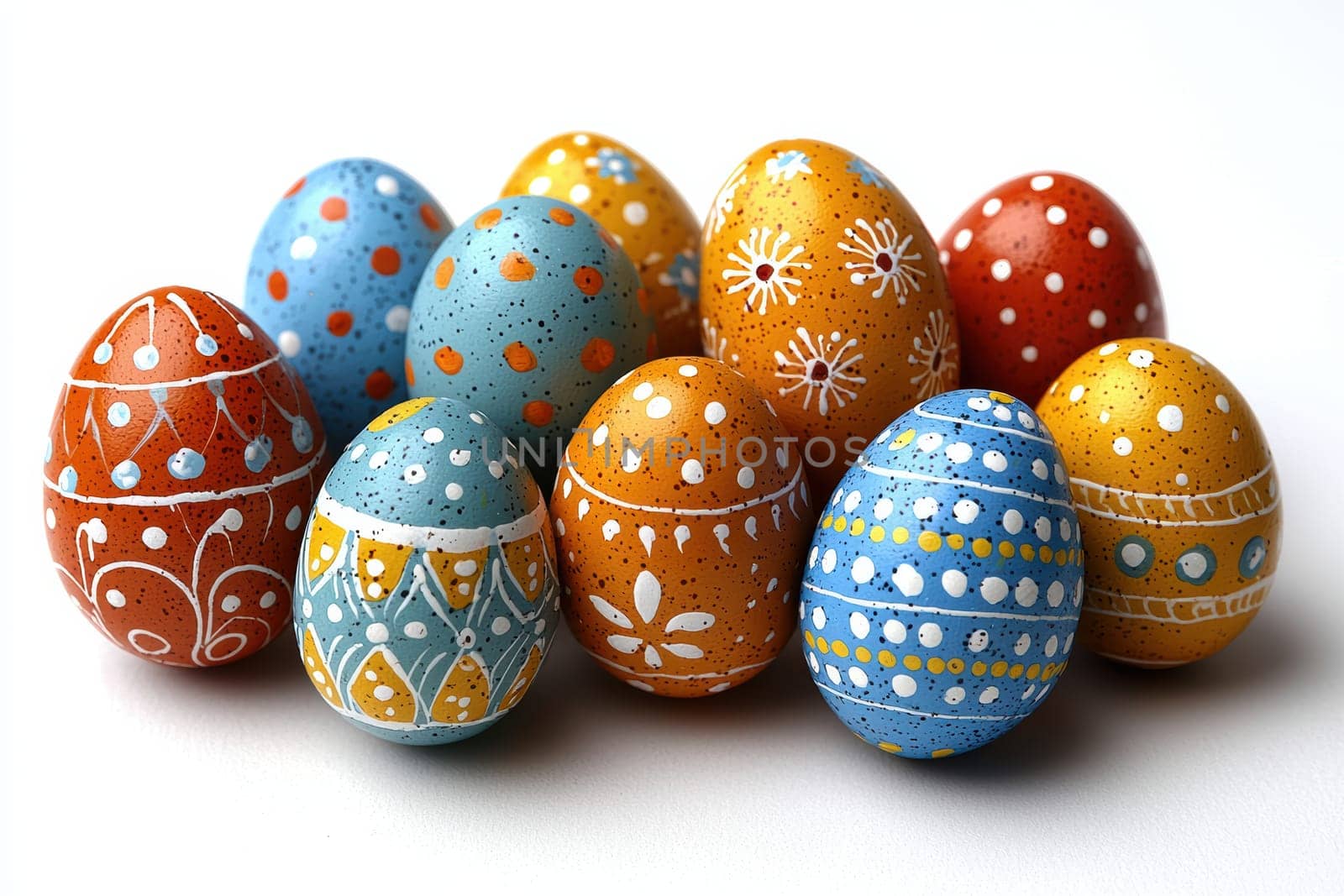 A vibrant and colorful assortment of intricately painted Easter eggs showcasing various beautiful colors