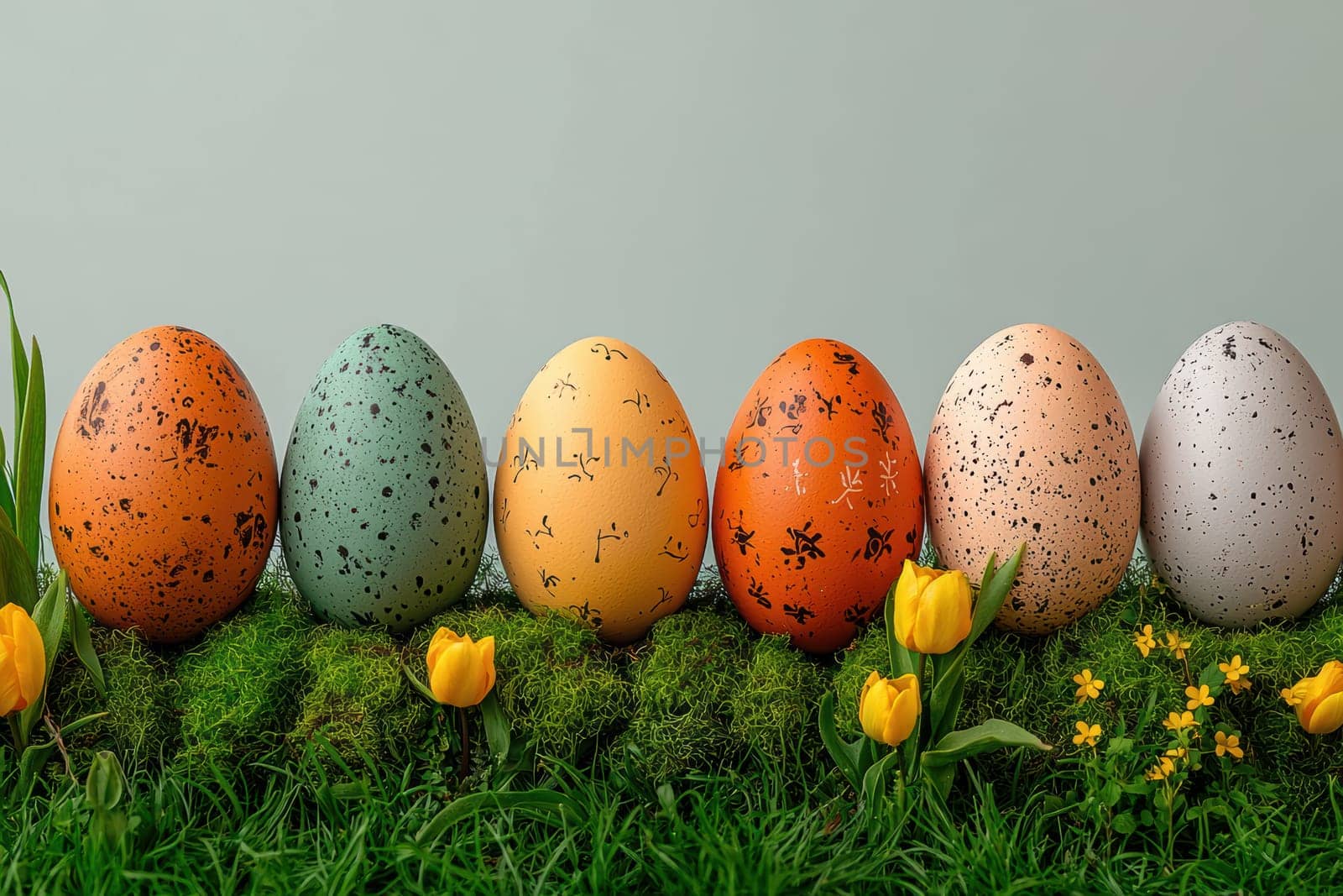 Brightly colored speckled eggs are beautifully arranged in a grassy setting, ideal for celebrating Easter