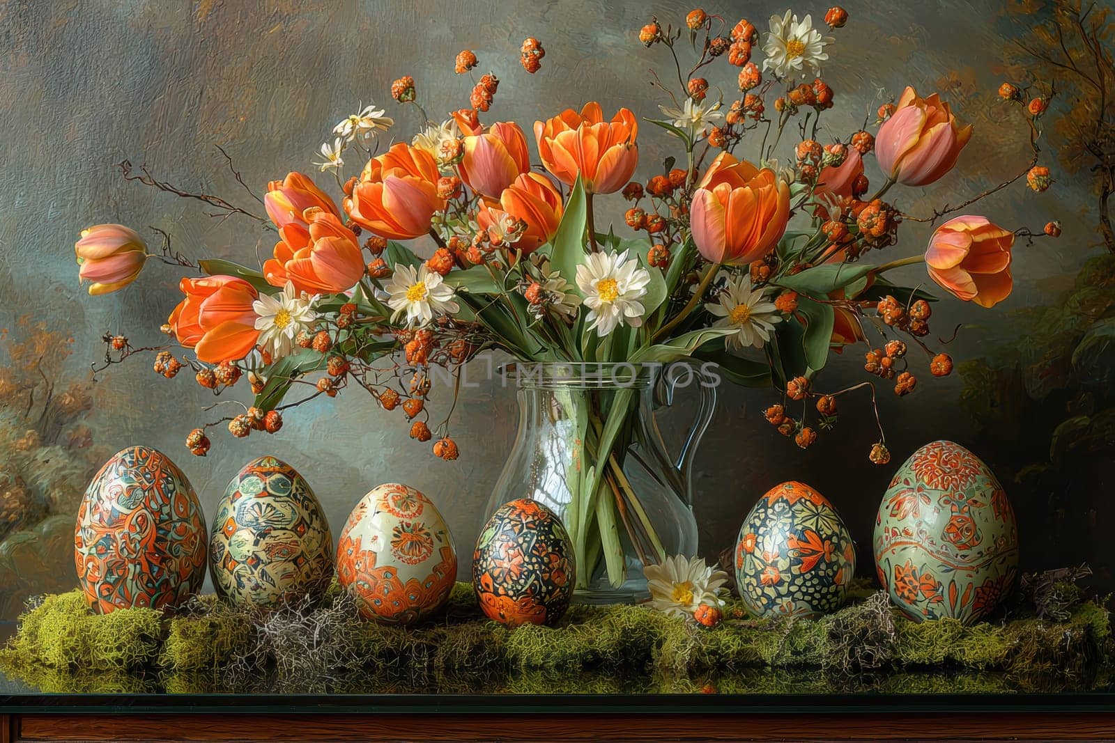 Enjoy a vibrant display of colorful tulips and decorated eggs celebrating spring and Easter festivities