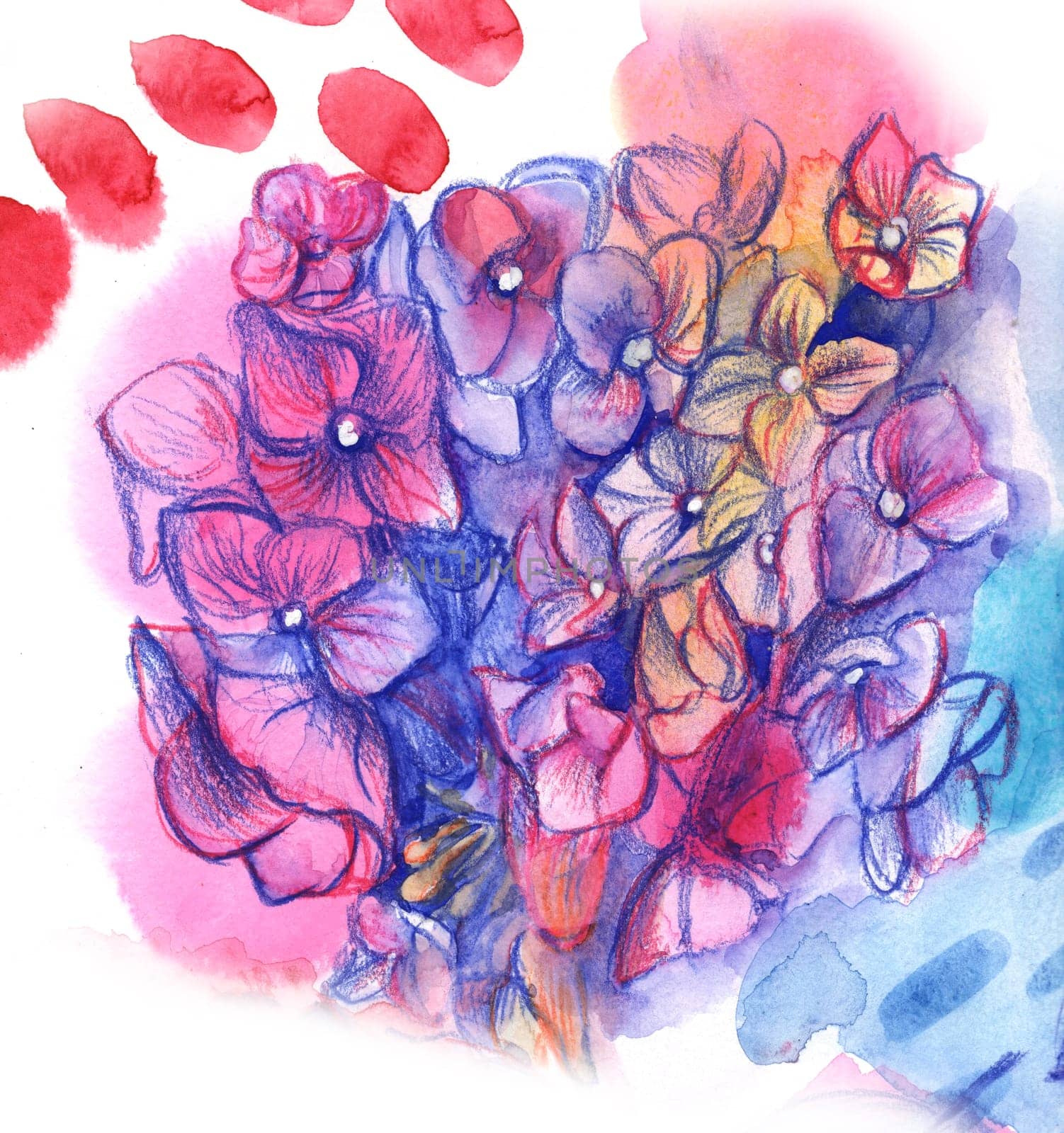 Watercolor sketch illustration with pink flowers bouquet drawn with watercolor pencil workflow