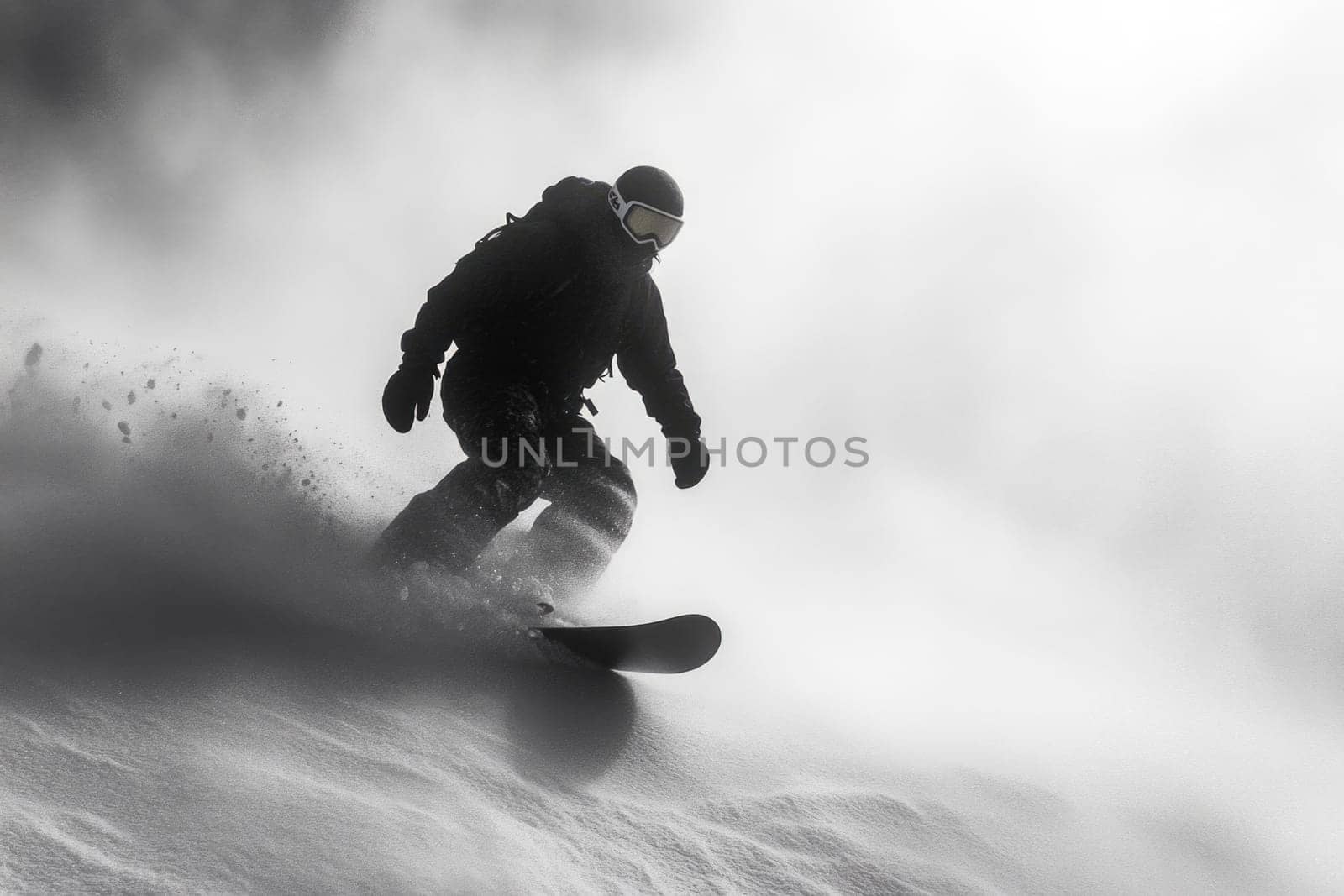 Mountain descent: snowboarder carving through fresh powder in winter mountains, capturing essence of outdoor sports and exhilaration of gliding down pristine slopes under sky