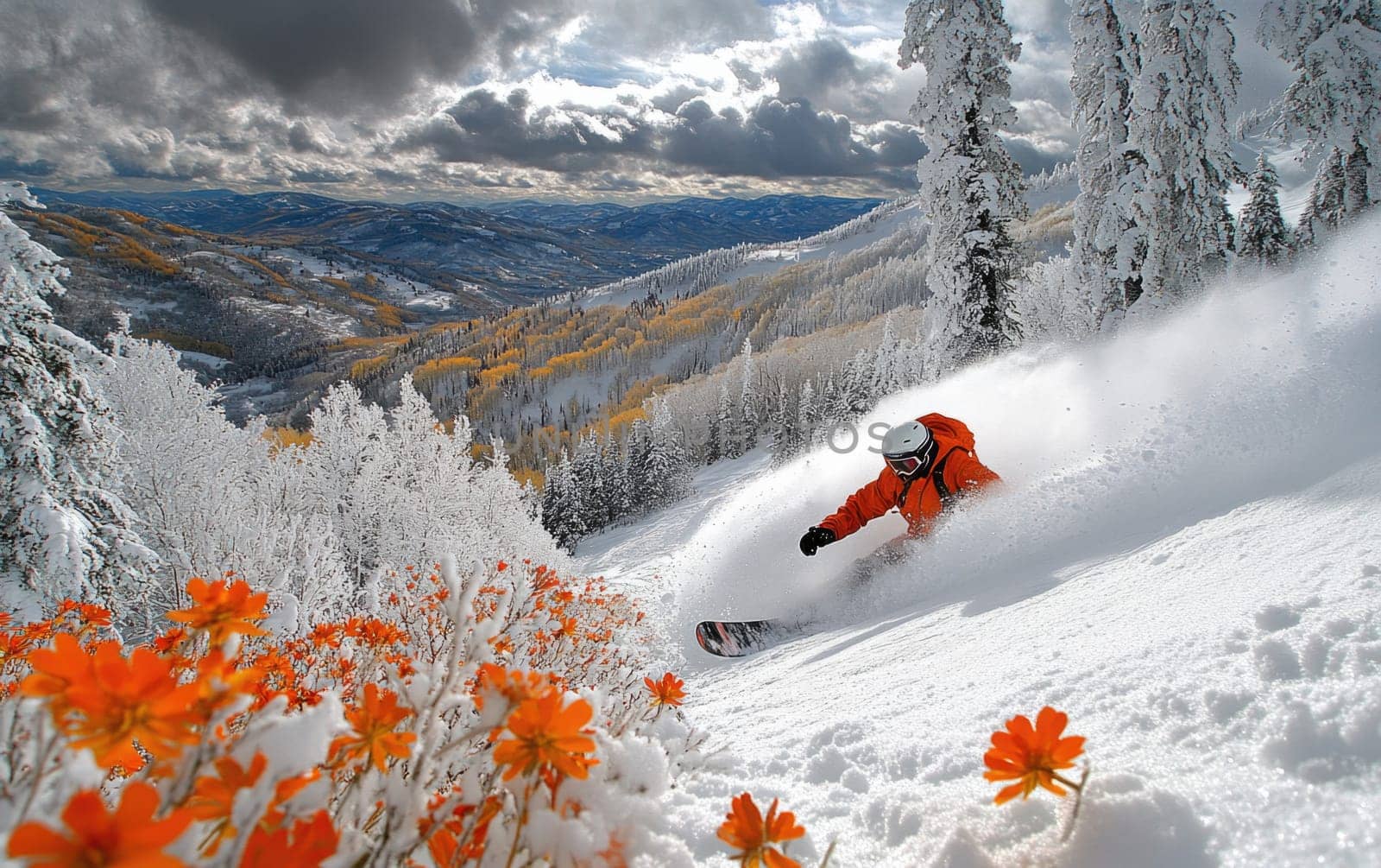 Winter thrill: snowboarder navigating snowy slopes of winter mountains, showcasing skill, adrenaline while enjoying breathtaking scenery and vibrant atmosphere of a snowy adventure