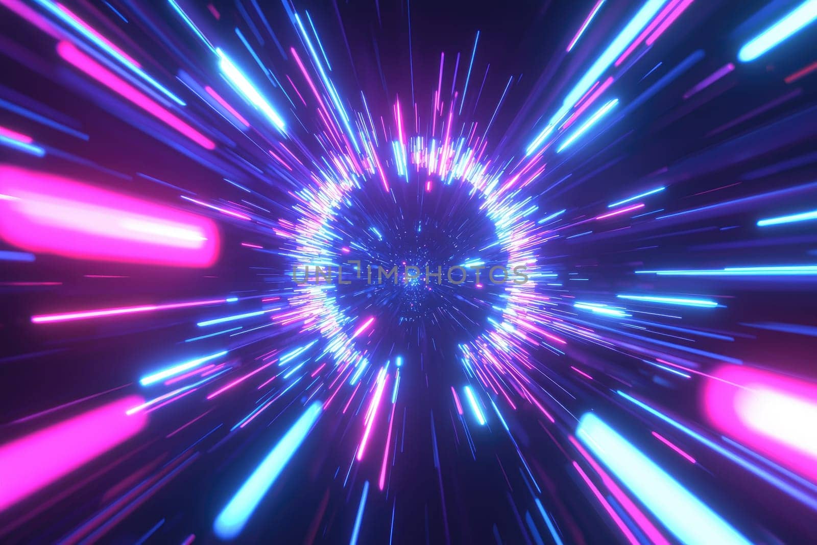 A colorful, neon light display with a purple and pink circle in the center. The circle is surrounded by a series of bright, colorful lights that seem to be moving in a spiral