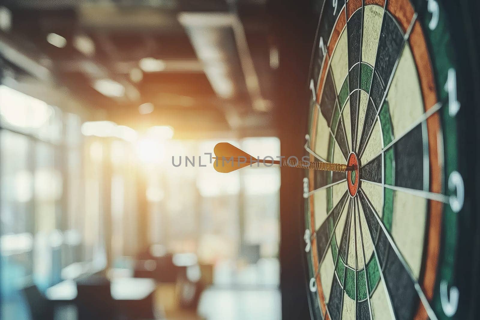 A dart is in the air, and the image has a mood of excitement and anticipation. The scene is set in a room with a large window, and the sunlight is shining on the dartboard