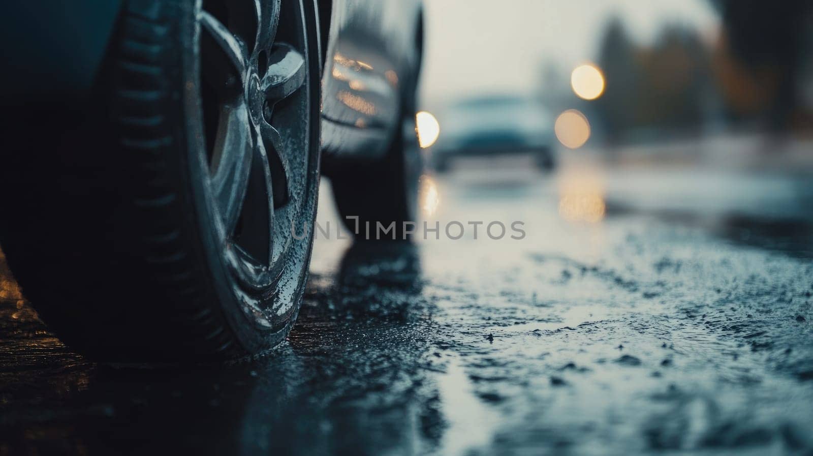 Safe journey: vehicle cautiously navigating a damp roadway, emphasizing the importance of driving safety and vehicle control on slippery surfaces while adapting to challenging wet road conditions
