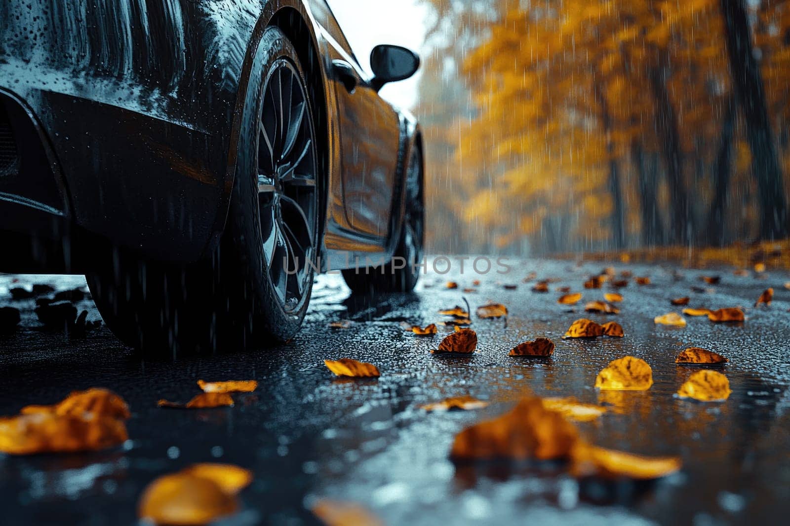 Cautious drive: vehicle carefully maneuvers on a slick road, illustrating the significance of maintaining control and awareness in adverse weather conditions to ensure safety and prevent accidents