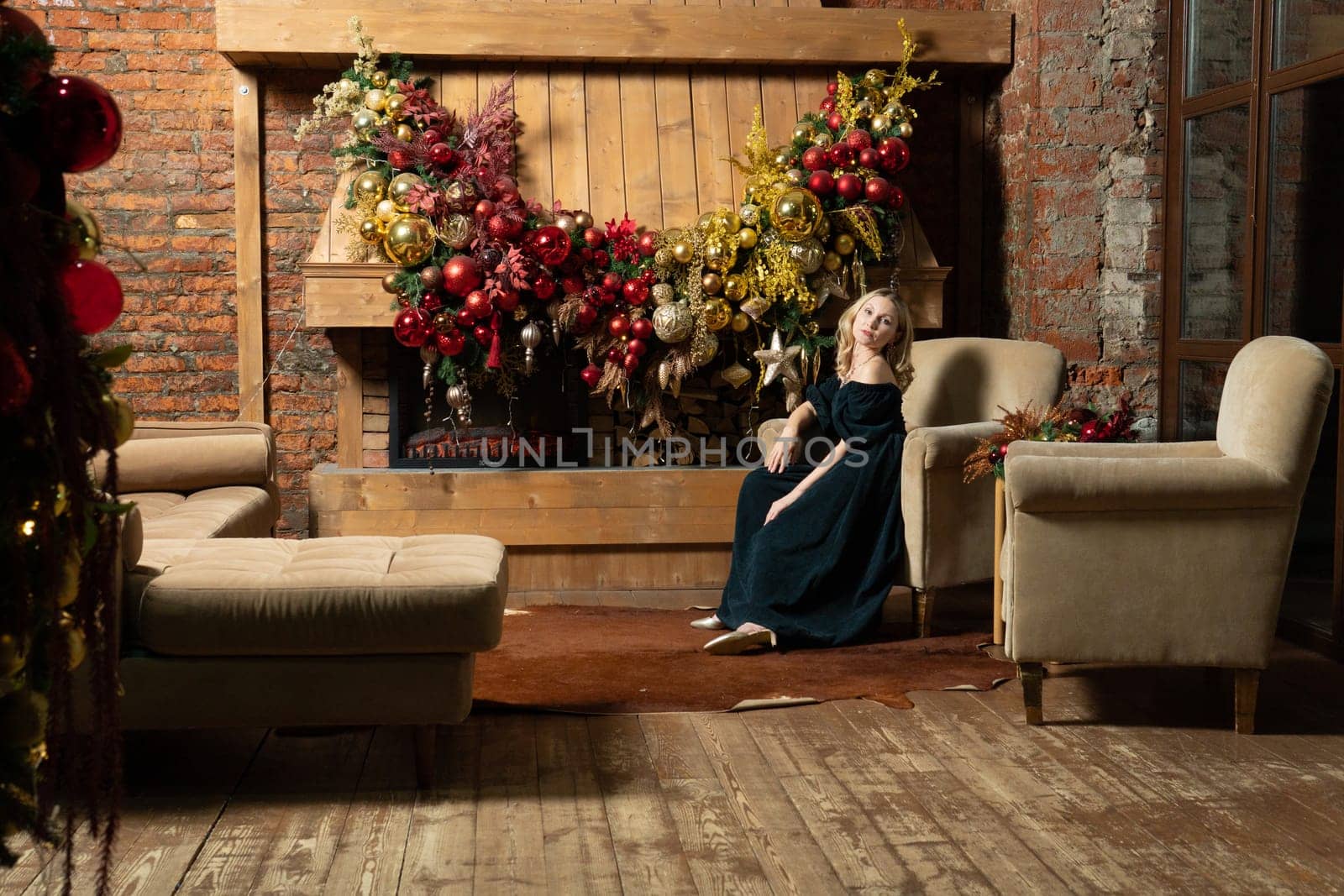 year fireplace christmas young cozy celebration alone girl new tree holiday home woman