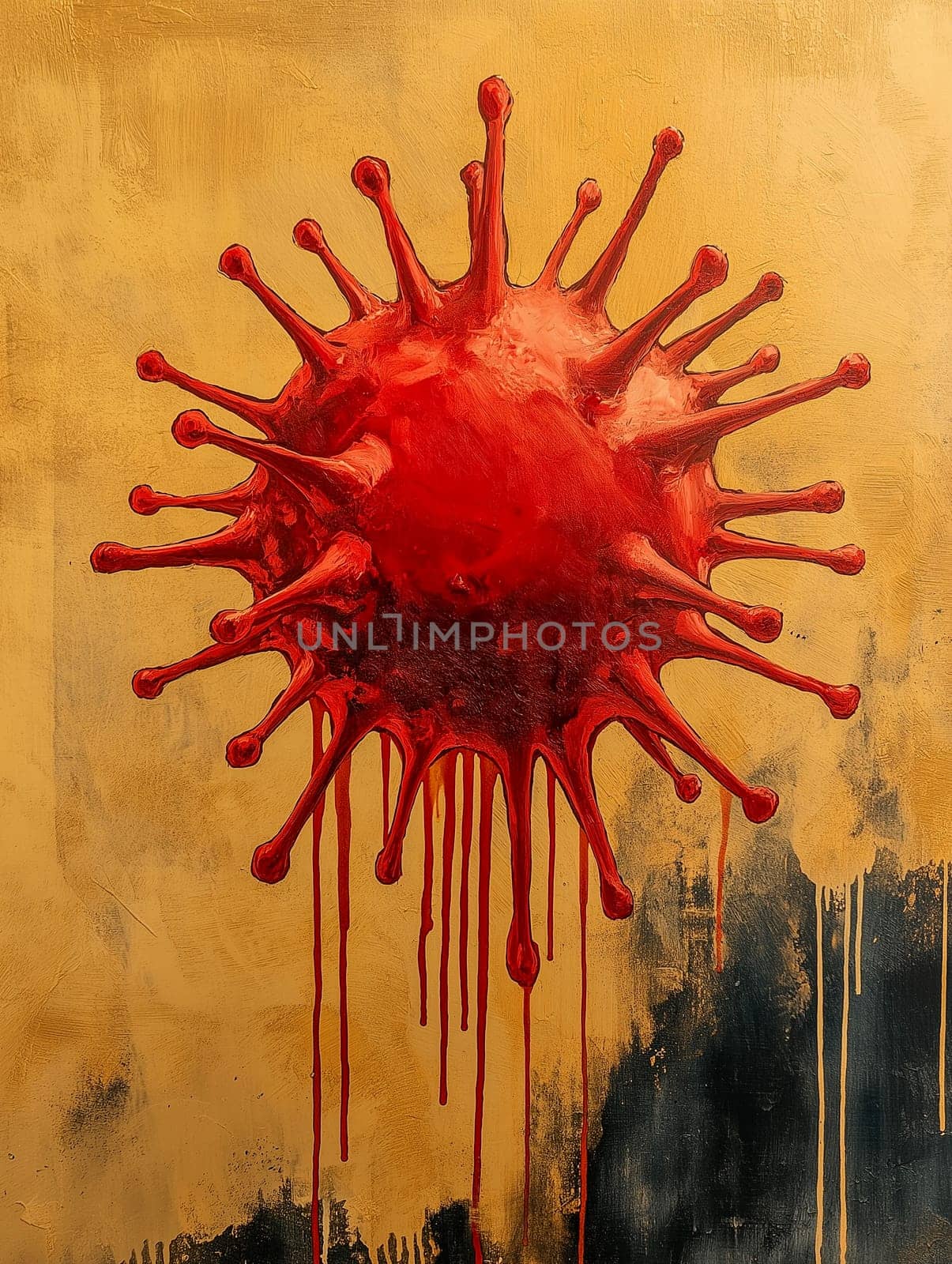 This artwork showcases a striking red virus on a textured gold background, evoking themes of health and pandemic. The abstract design emphasizes bold color contrast and modern artistic interpretation.