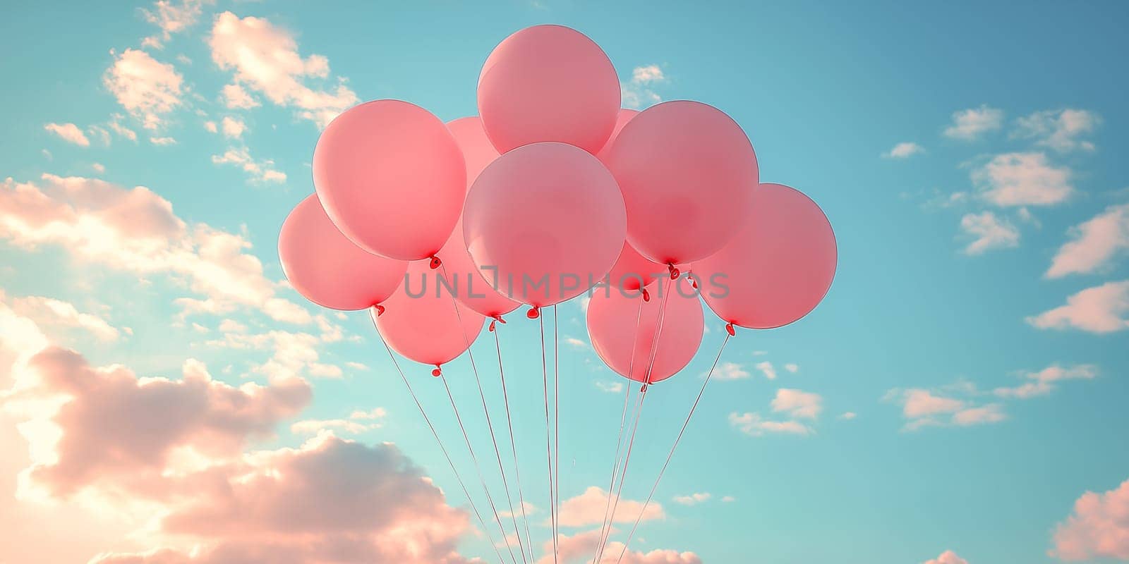 Pink balloons floating in the sky with a blue background. The balloons are arranged in a way that they look like they are floating in the air. Concept of joy and celebration