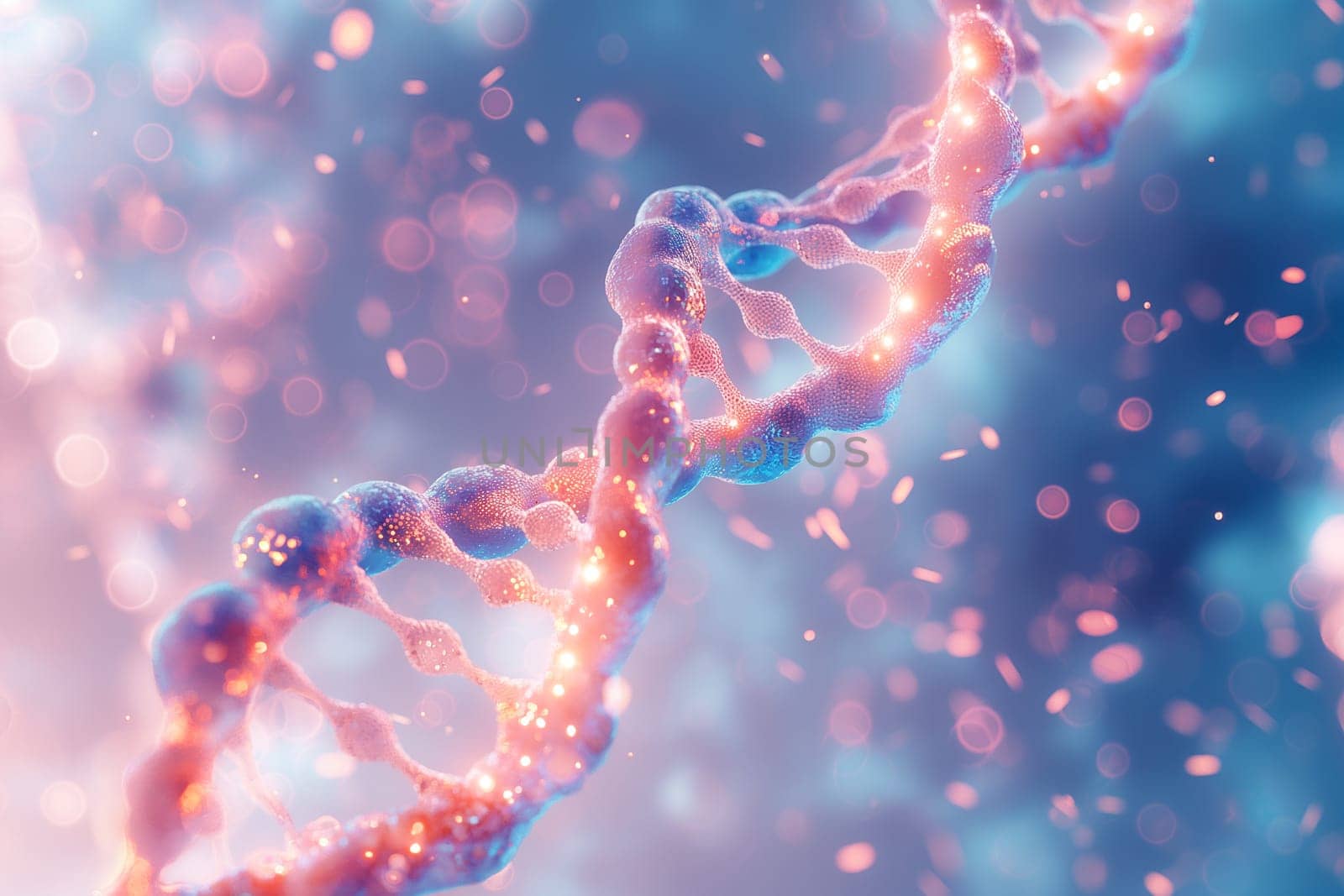 A close up of a DNA strand with a pink and blue color scheme. The image has a dreamy, ethereal quality to it, as if it were a painting or a photograph
