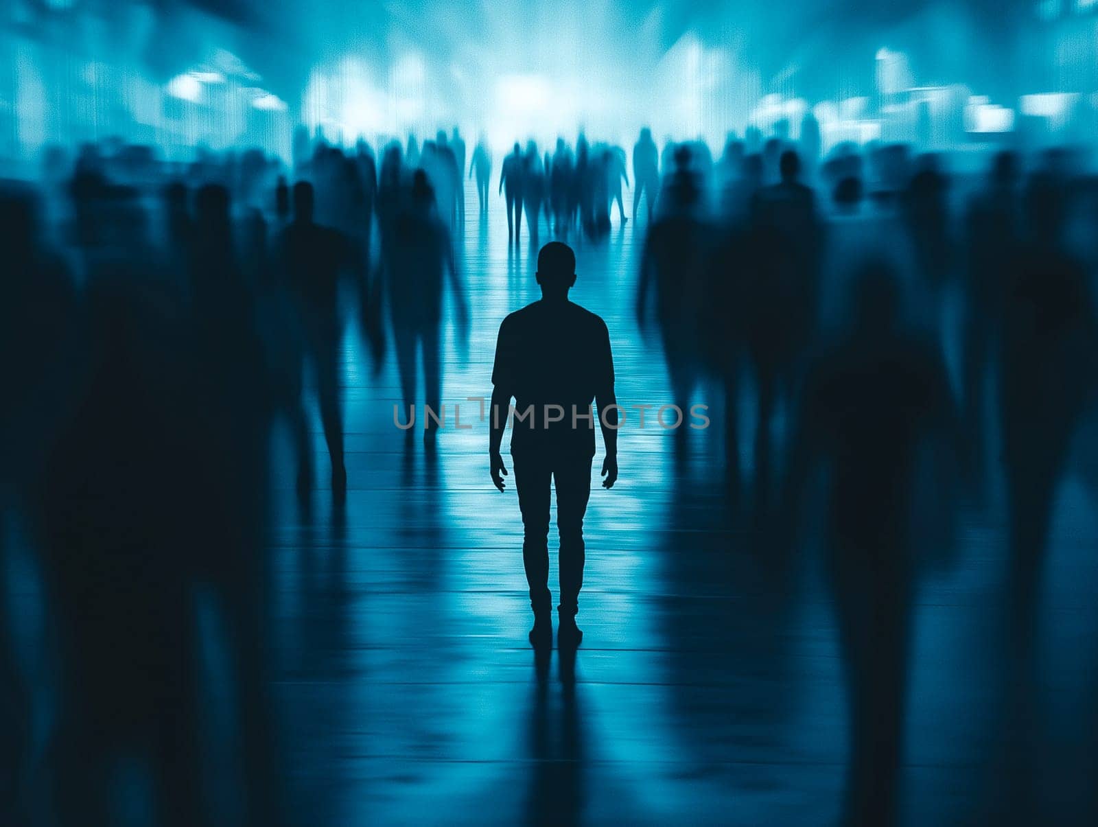 A man is walking down a hallway with many people in the background. The man is the only one in focus