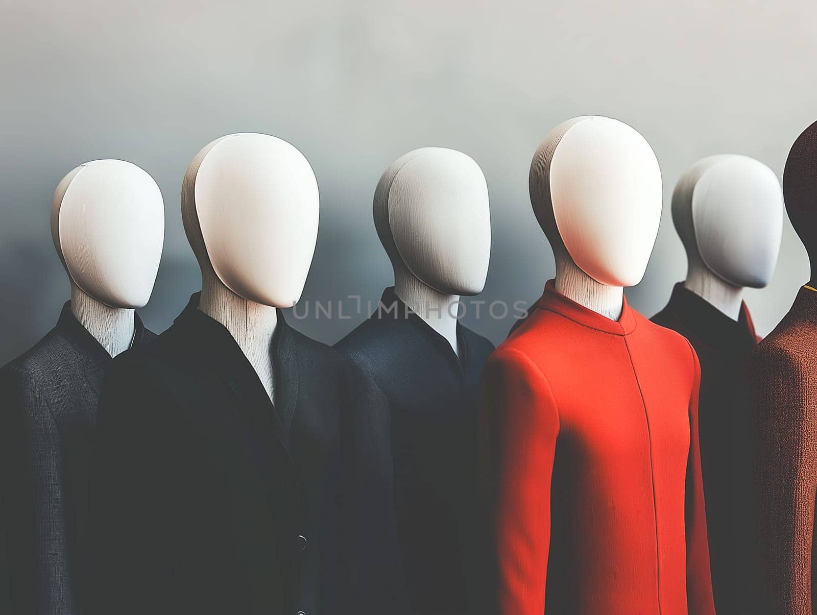 A group of mannequins are lined up in a row, with one of them wearing a red shirt. The mannequins are all dressed in business attire, and they are all standing next to each other