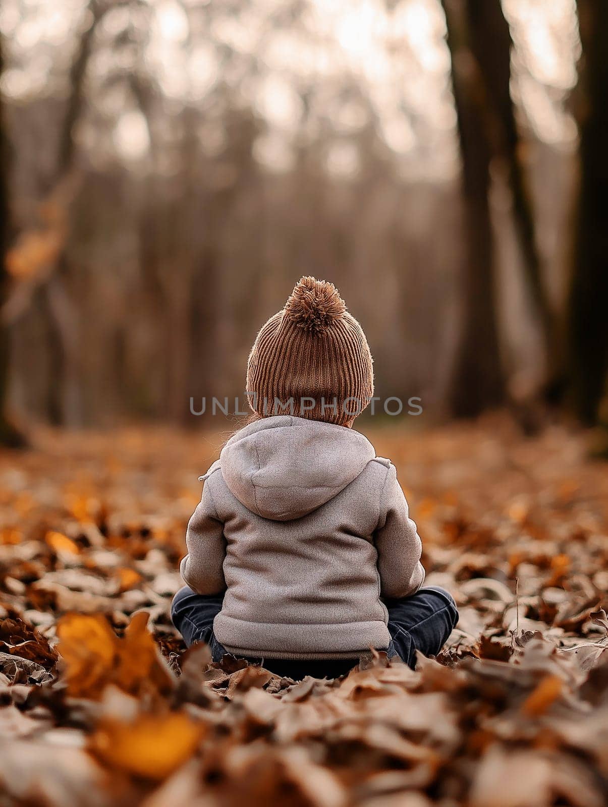 A young child is sitting on the ground in a forest, wearing a brown hat and a gray jacket. The scene is peaceful and serene, with the child looking out into the distance