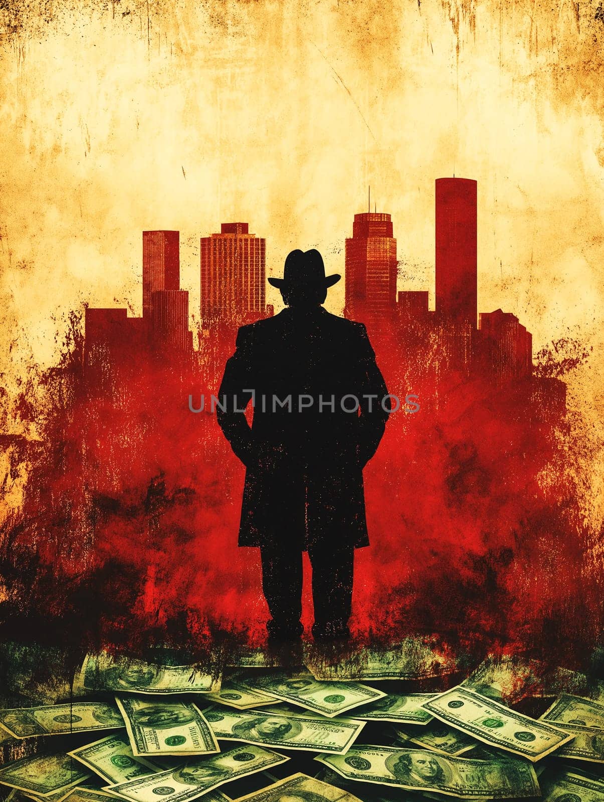 A man in a hat stands in front of a pile of money. The image has a dark and moody atmosphere, with the man's silhouette and the red background creating a sense of danger and mystery