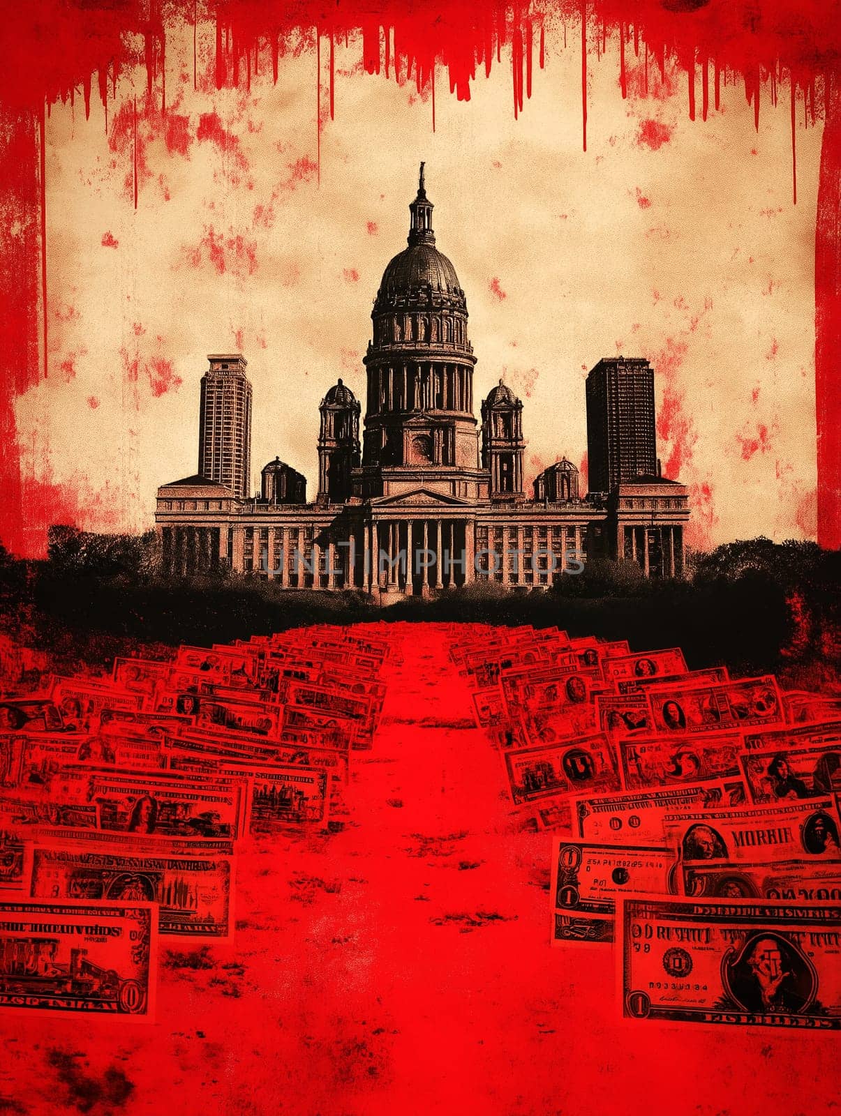 A poster of a red background with a building in the middle and a bunch of money on the ground