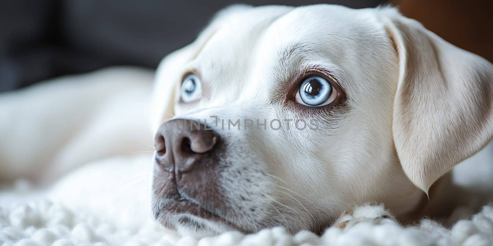 A white dog with blue eyes is laying on a white blanket. The dog appears to be relaxed and comfortable