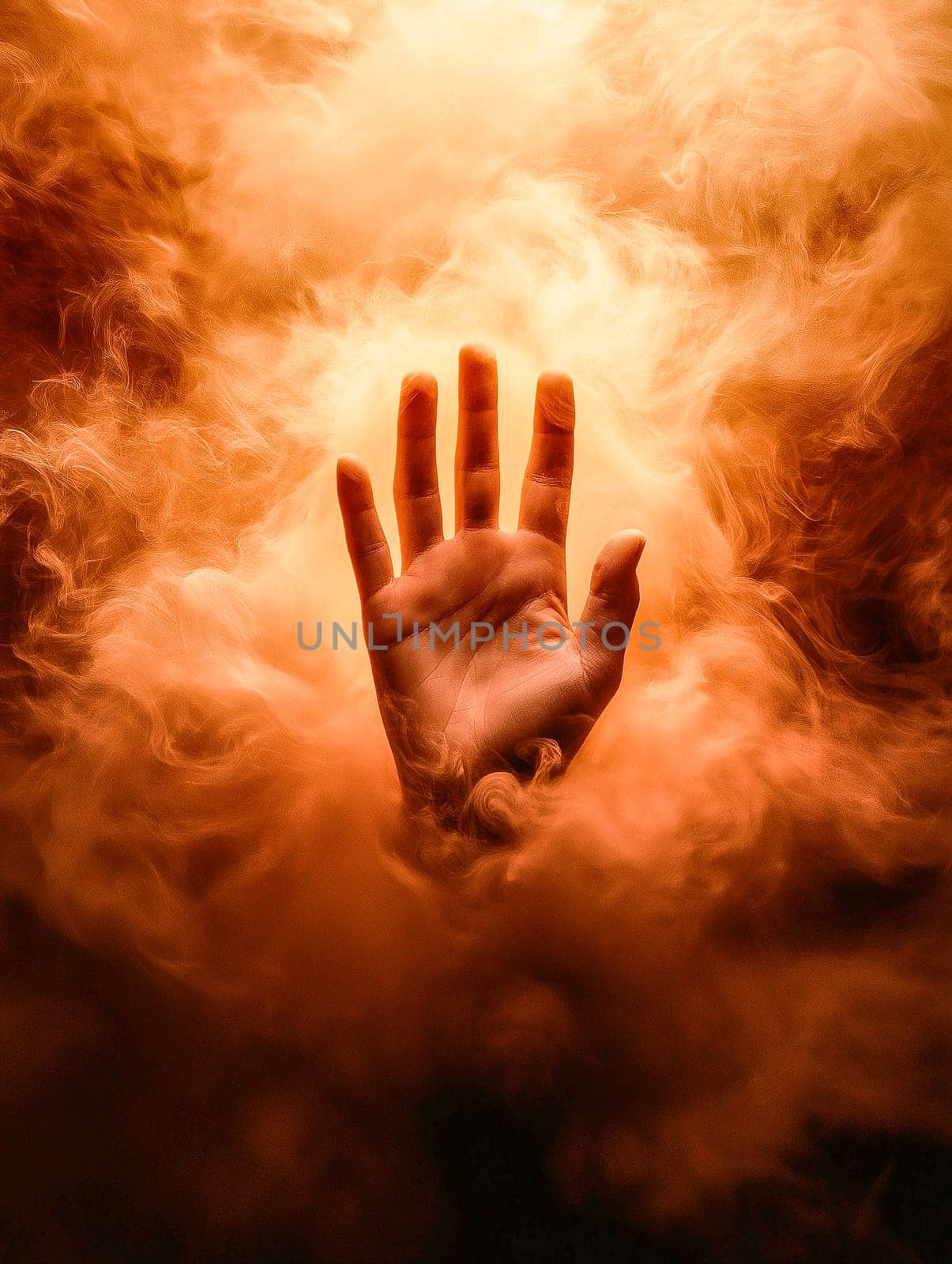 A hand is shown in the middle of a cloud of smoke. The hand is reaching out, as if trying to grasp something. The smoke and the hand create a sense of mystery and wonder