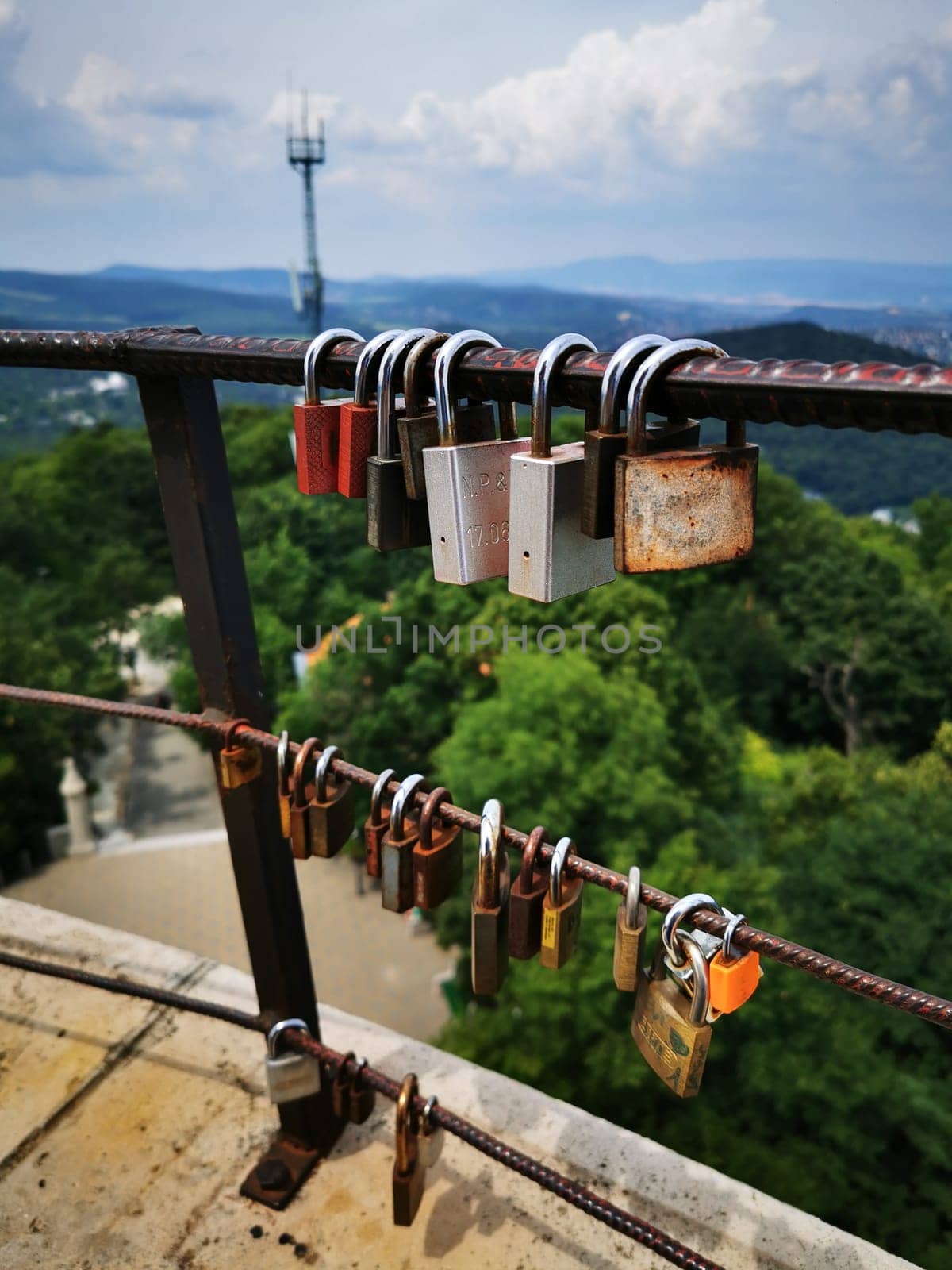 A collection of padlocks in various colors is attached to a metal railing, providing a vibrant contrast against the backdrop of lush trees and distant hills under a clear sky.