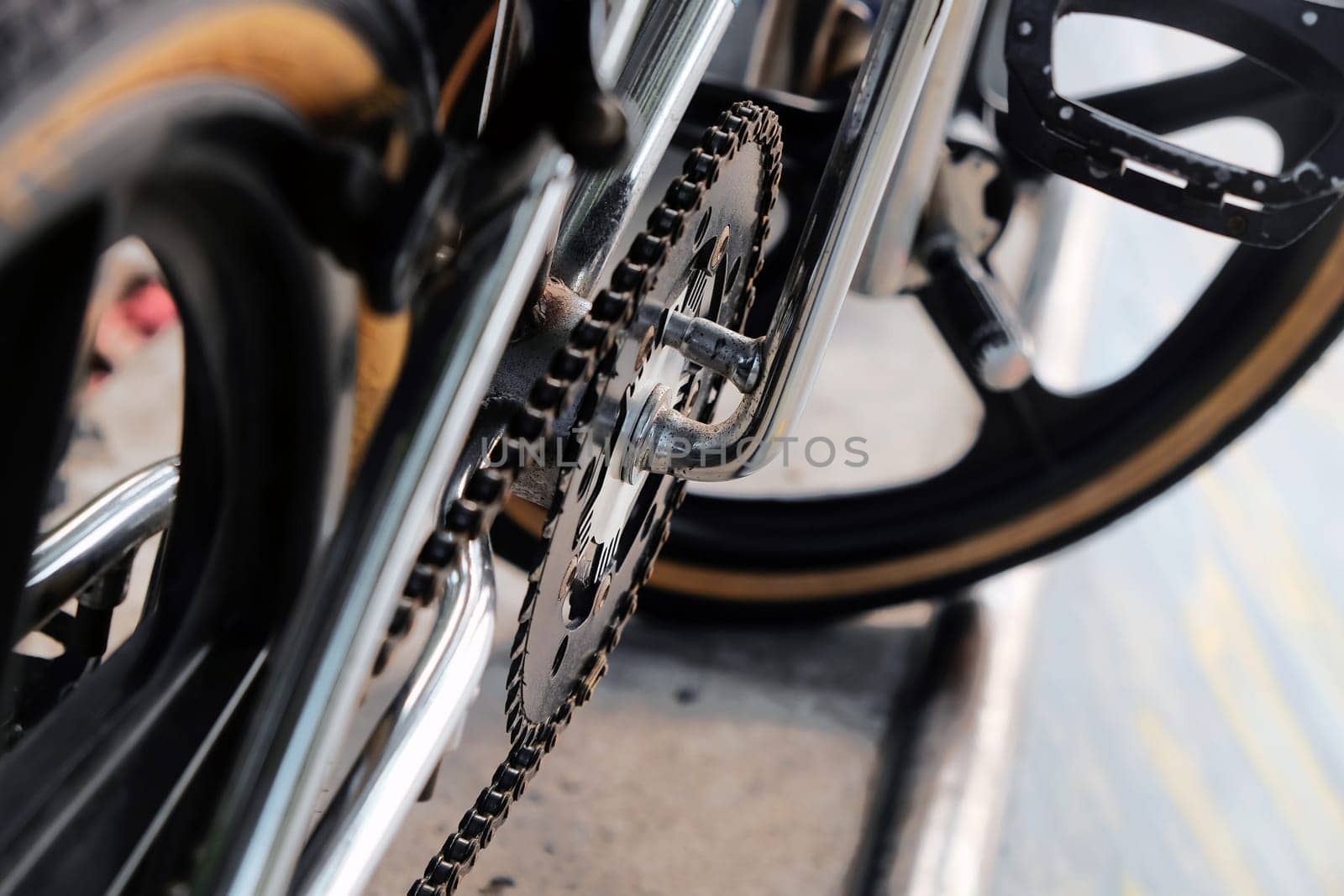 Close up of bmx bike on a ramp in a skatepark, BMX concept.
