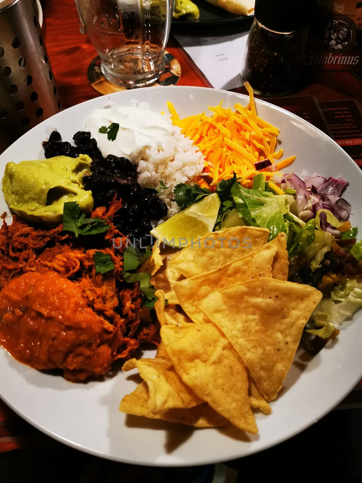 A vibrant Mexican dish showcases shredded chicken in sauce alongside rice, black beans, guacamole, shredded cheese, fresh salad, and crispy tortilla chips.