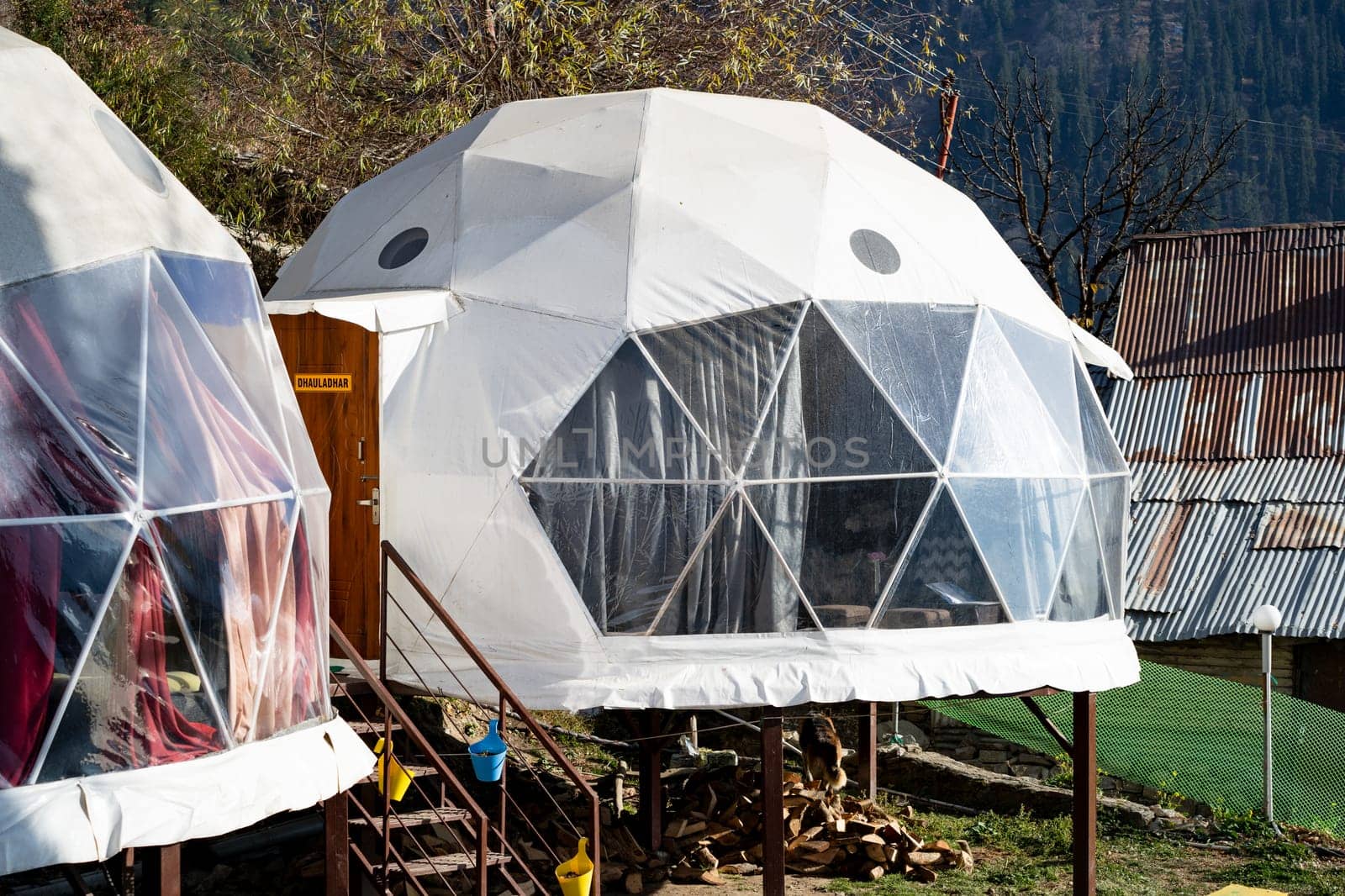 geodesic, triangular and swiss tents at a popular glamping spot near hampta village manali for eco freindly and comfortable adventure stays in India