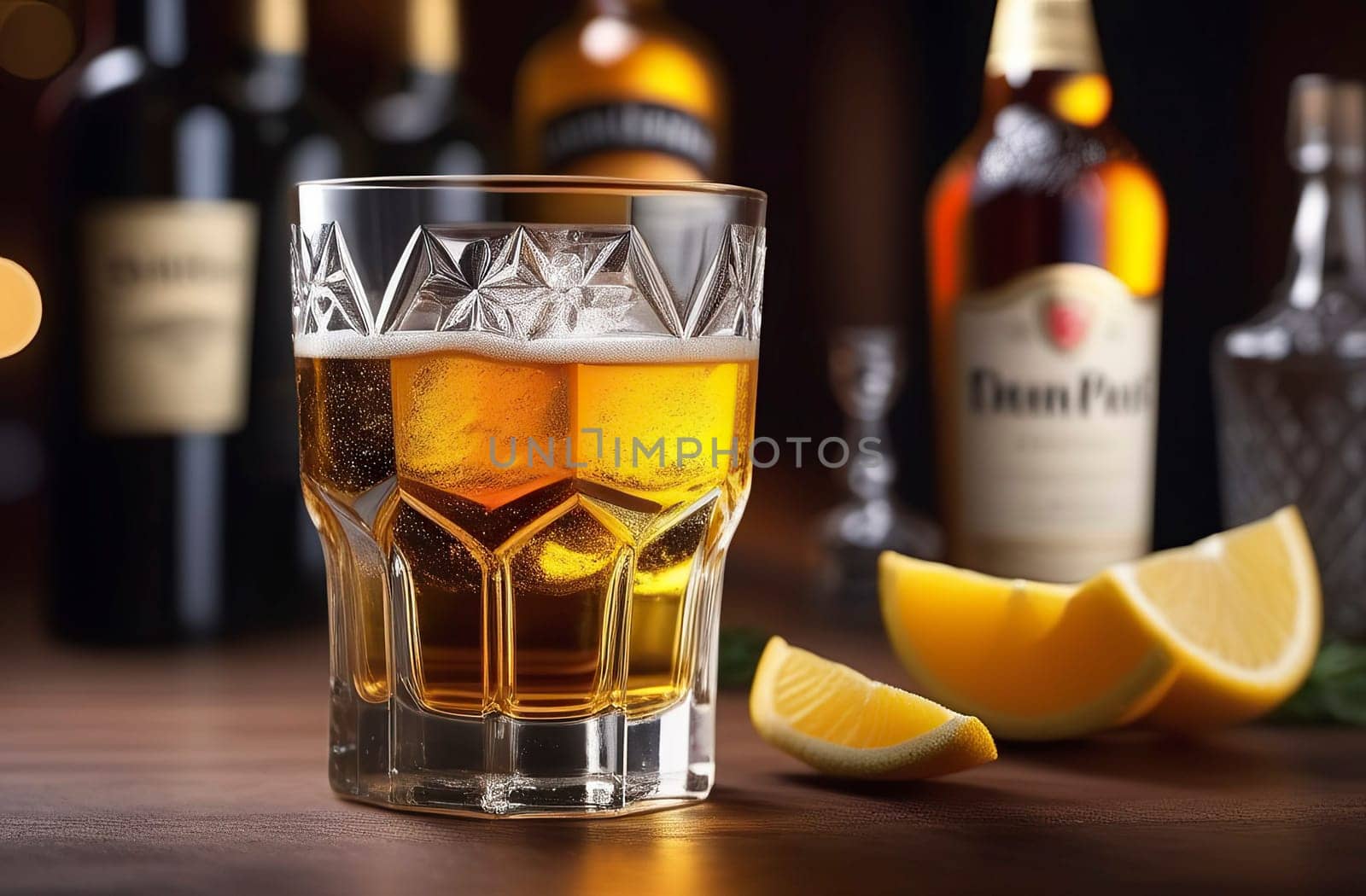 A glass of whiskey and slices of yellow lemon on a table in a bar or restaurant. Bar counter made of wood. Close-up. Evening atmosphere. There are bottles of whiskey in the background. Blurred background