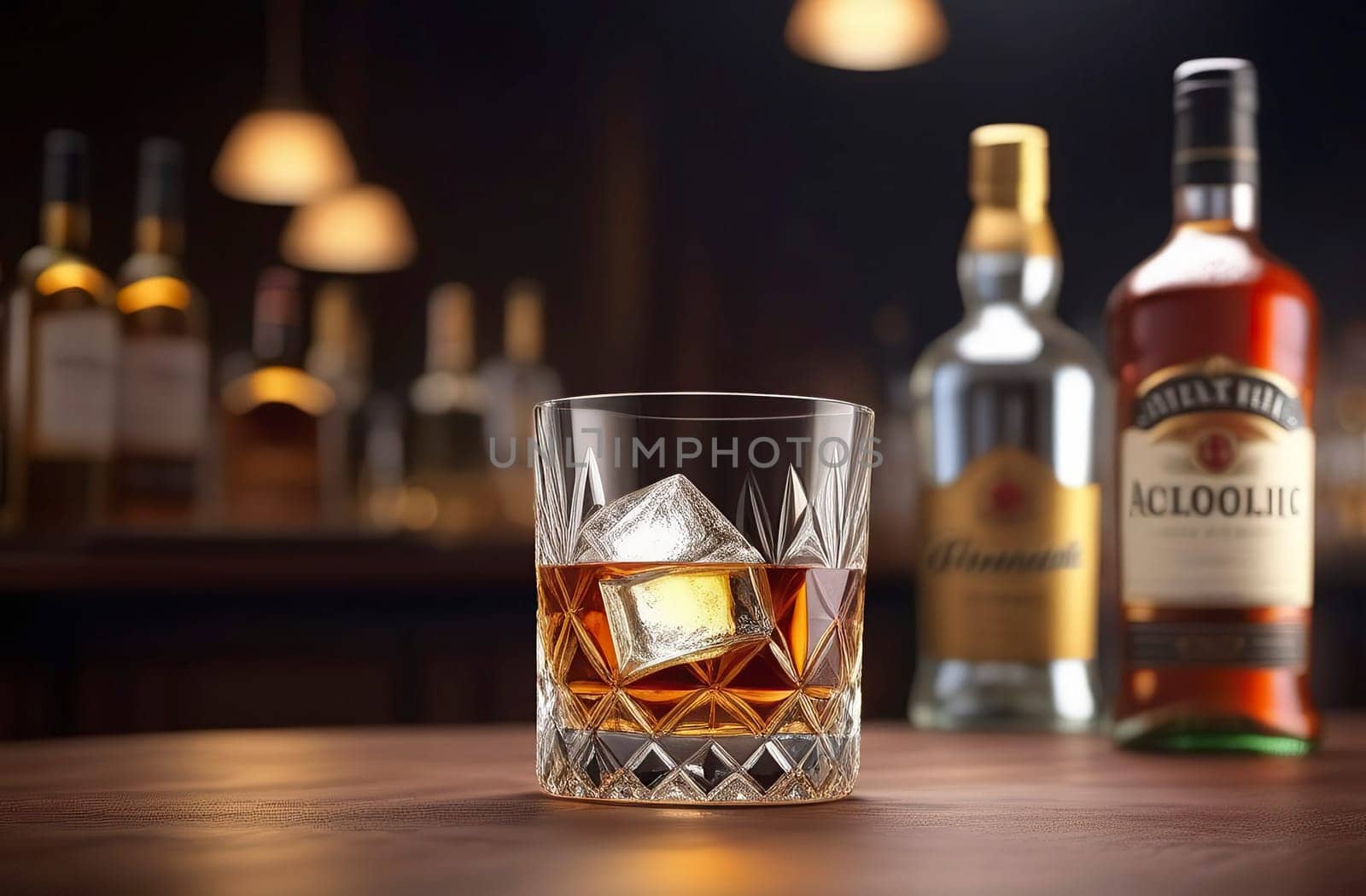 Glass with whiskey and ice on a table in a bar or restaurant. Bar counter made of wood. Close-up. Evening atmosphere. There are bottles of whiskey in the background. Blurred background