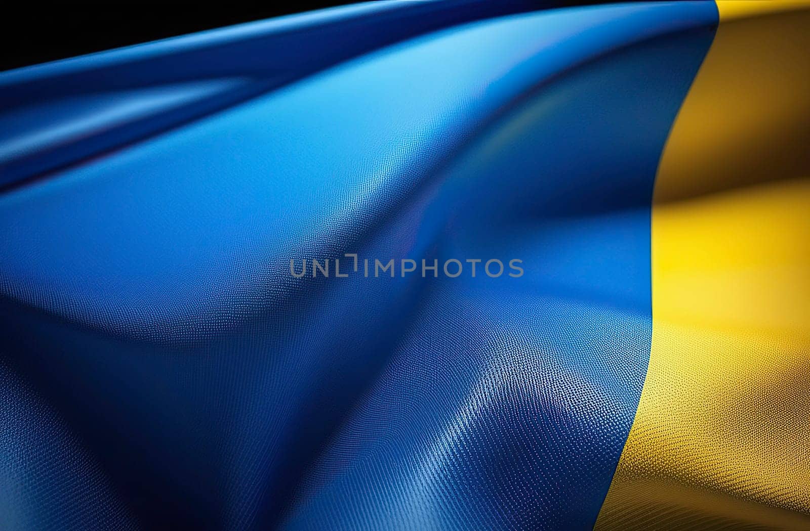 Fabric curved flag of Ukraine, UA. Blue and yellow colors. Close-up, background. Minimalism, macro