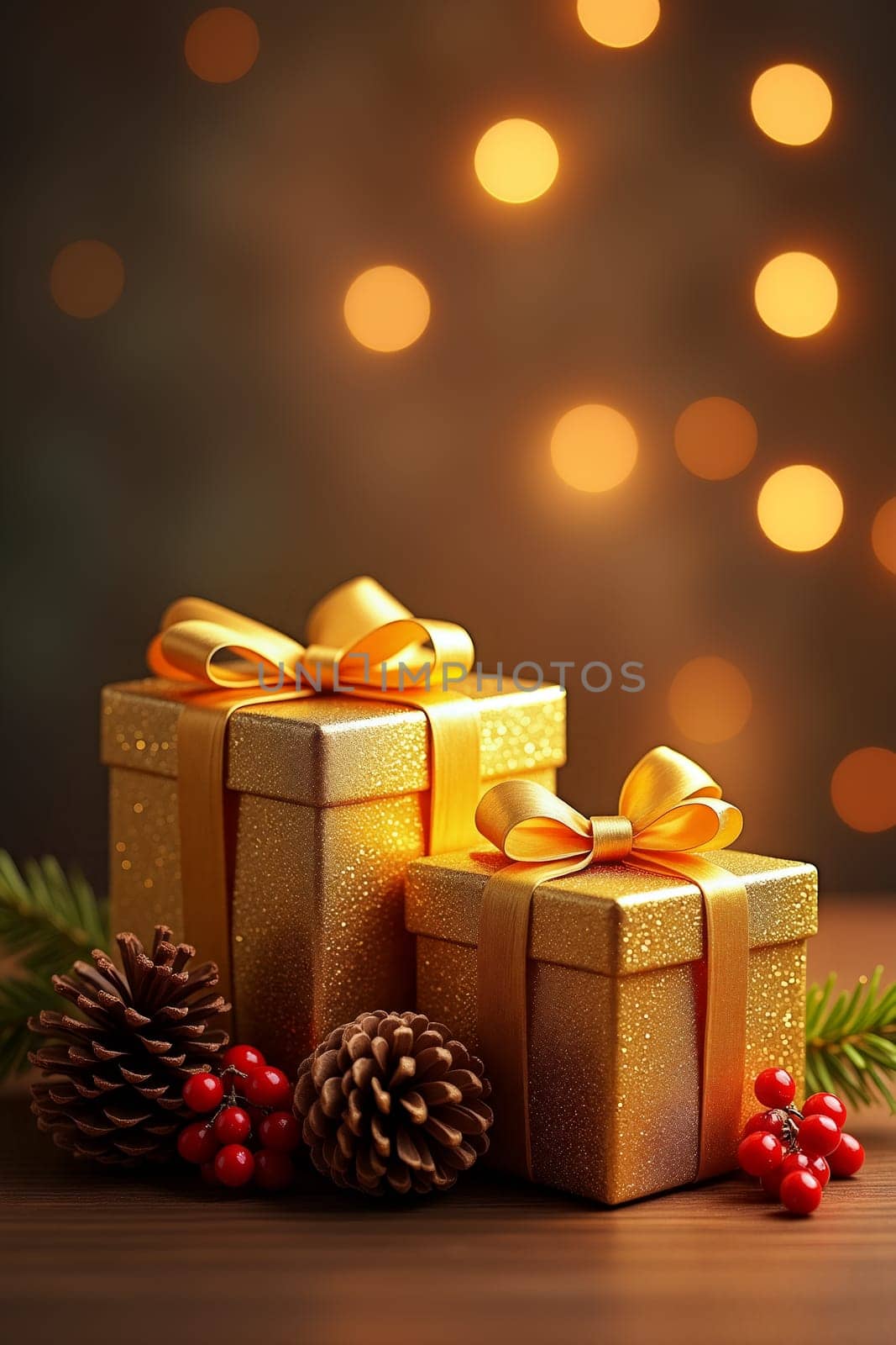 Two Xmas golden gifts with ribbons sit among pinecones and berries, illuminated by a warm, festive glow, creating a cozy holiday atmosphere - Generative AI
